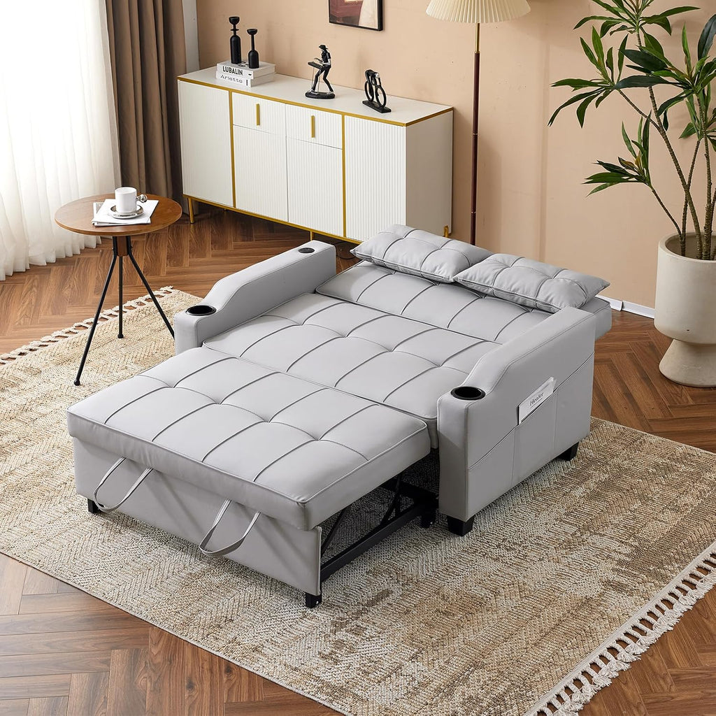 VINGLI Light Grey Futon Sofa Bed Convertible Loveseat Sleeper Couch, Faux Leather Pullout Sofa Fold Out Couch Bed with USB Ports, Cup Holders, Armrest for Living Room, Bedroom Apartment Room
