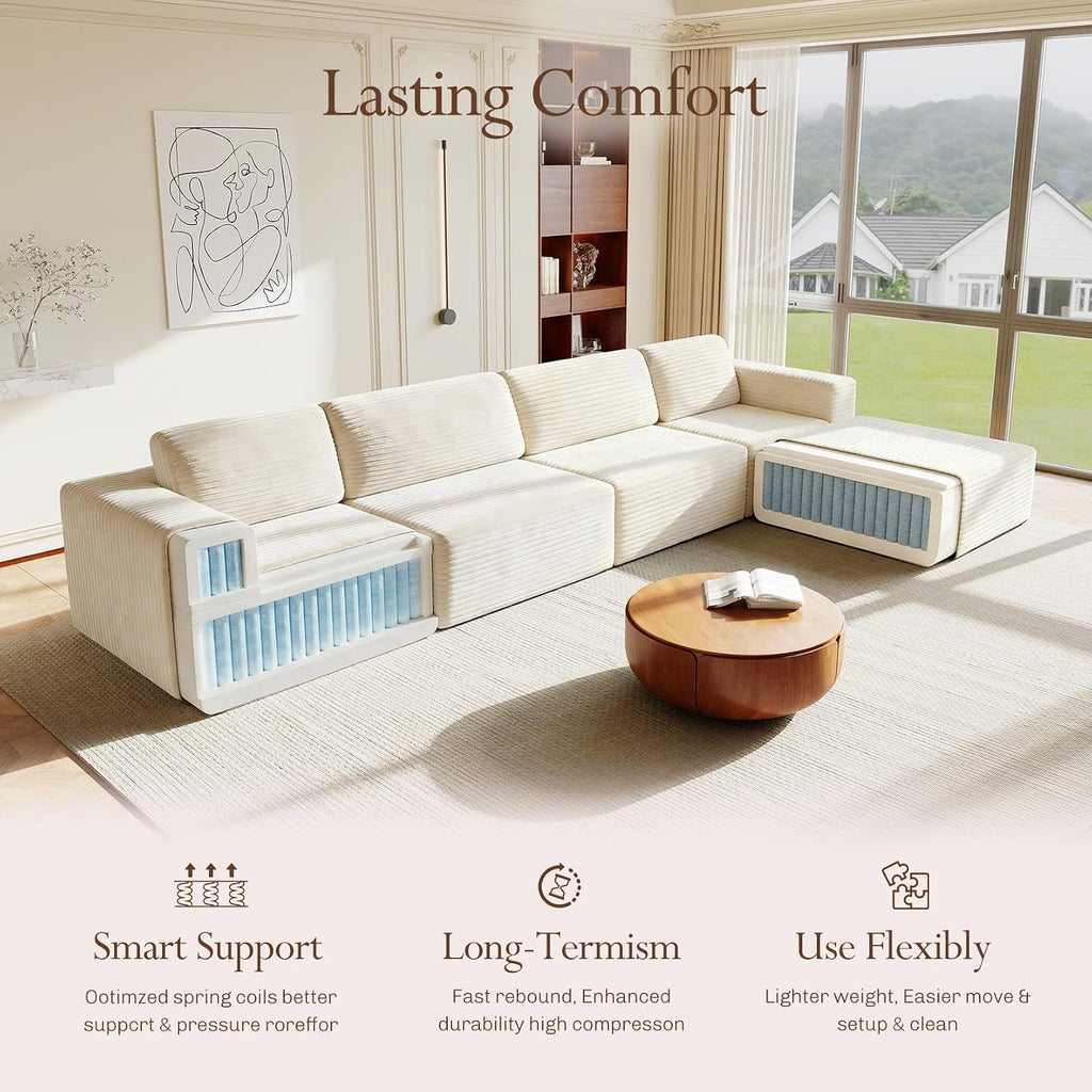 Vesgantti 159' Large Modular Sectional Sofa, L-Shaped Corduroy Cloud Couch with Deep Seats & Spring Support, 4-Seater Boneless Sofa with Movable Ottoman, No Assembly Needed, Beige