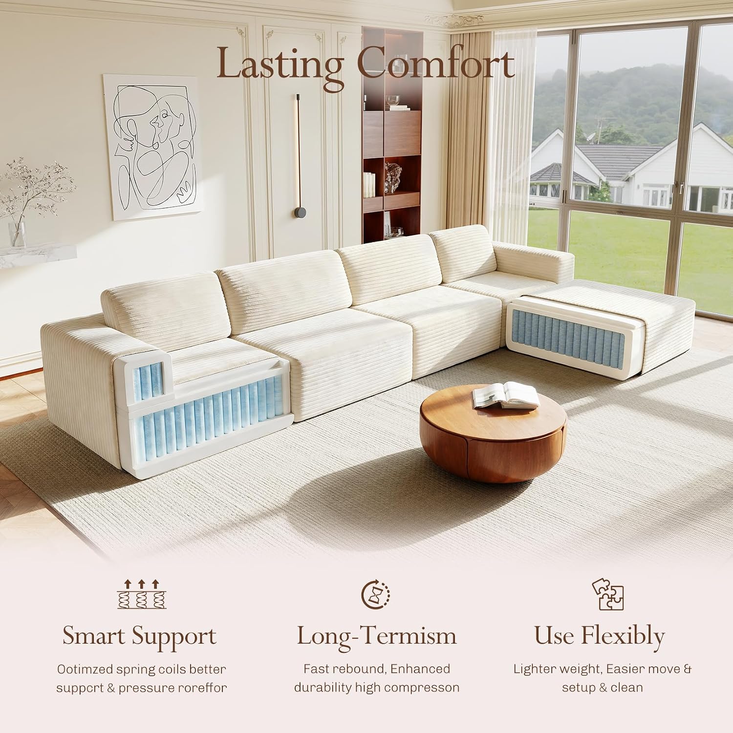 Vesgantti 159' Large Modular Sectional Sofa, L-Shaped Corduroy Cloud Couch with Deep Seats & Spring Support, 4-Seater Boneless Sofa with Movable Ottoman, No Assembly Needed, Beige