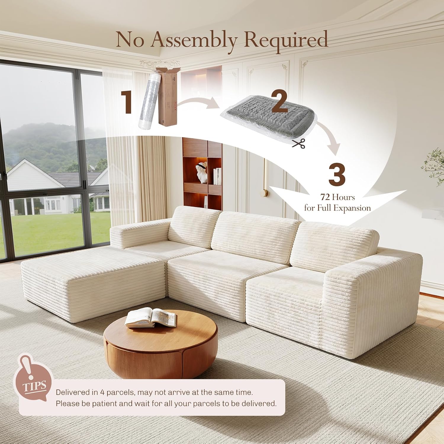 Vesgantti 119' L-Shaped Modular Sectional Sofa, Corduroy Cloud Couch with Deep Seating & Spring Support, Flexible Layout Sofa with Ottoman, Boneless Style, No Assembly Required, Beige