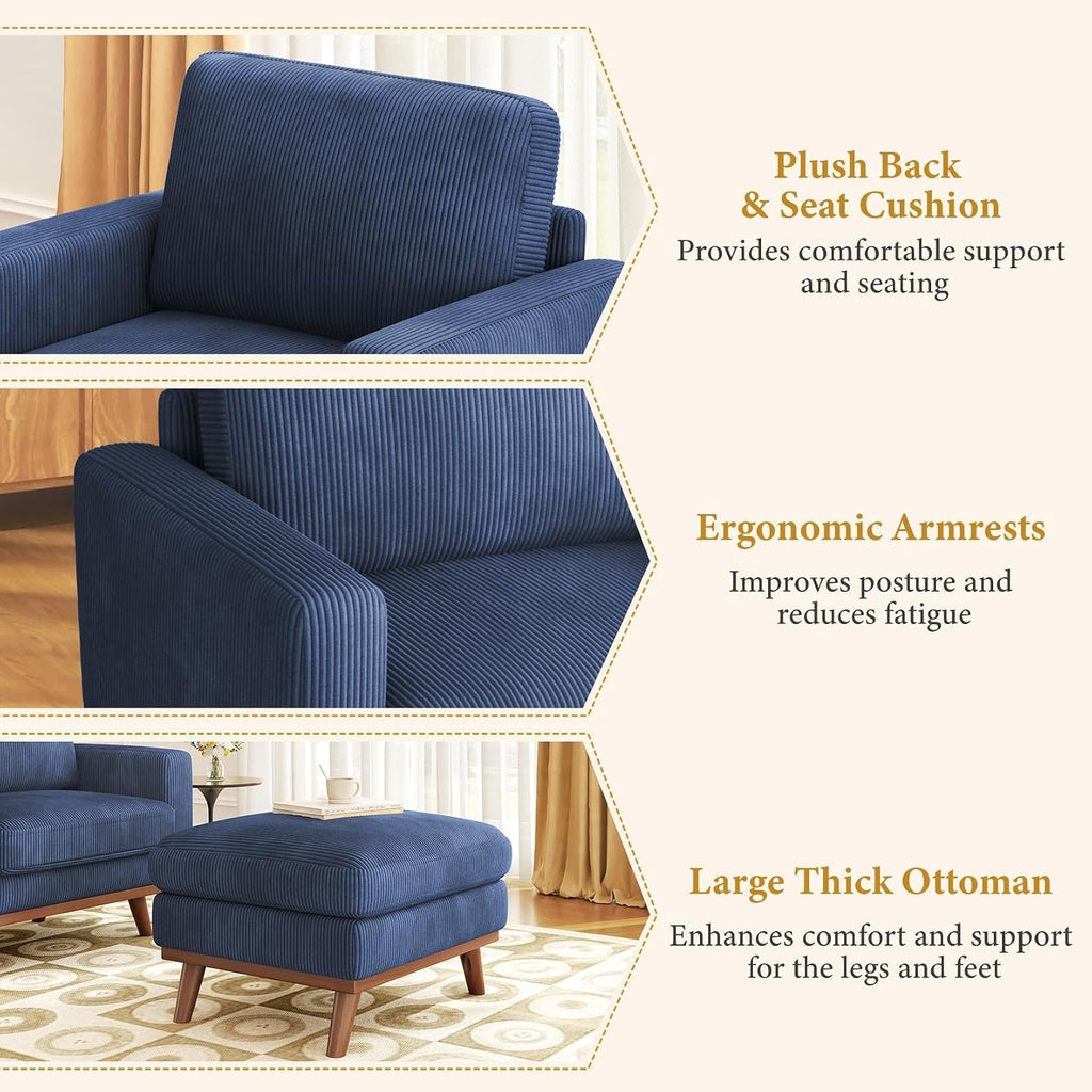 Vesgantti 38.5' Accent Chair with Movable Ottoman, Comfy Corduroy Armchair with Spring Cushion, Reading Chair with Ottoman, Modern Single Sofa for Living Room, Bedroom and Apartment, Dark Blue