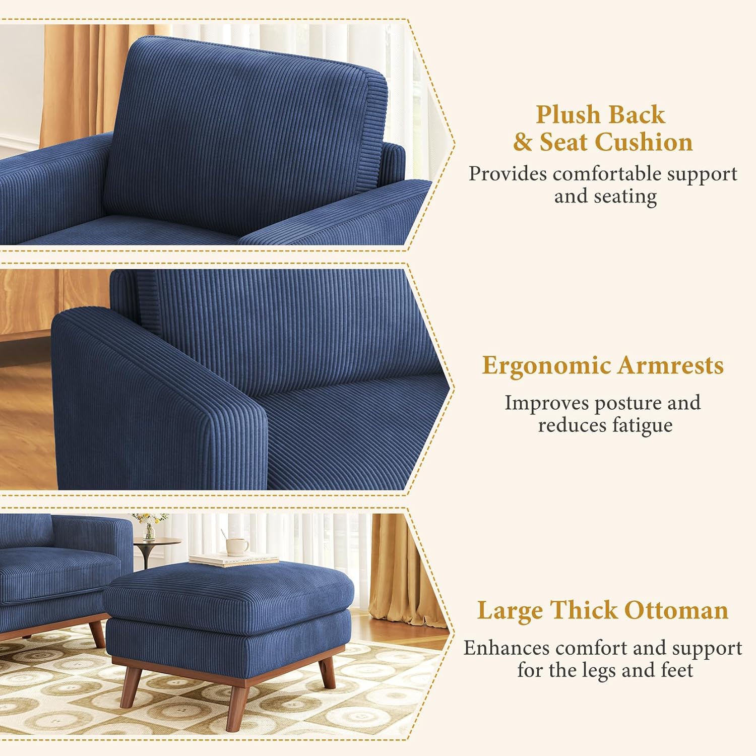 Vesgantti 38.5' Accent Chair with Movable Ottoman, Comfy Corduroy Armchair with Spring Cushion, Reading Chair with Ottoman, Modern Single Sofa for Living Room, Bedroom and Apartment, Dark Blue