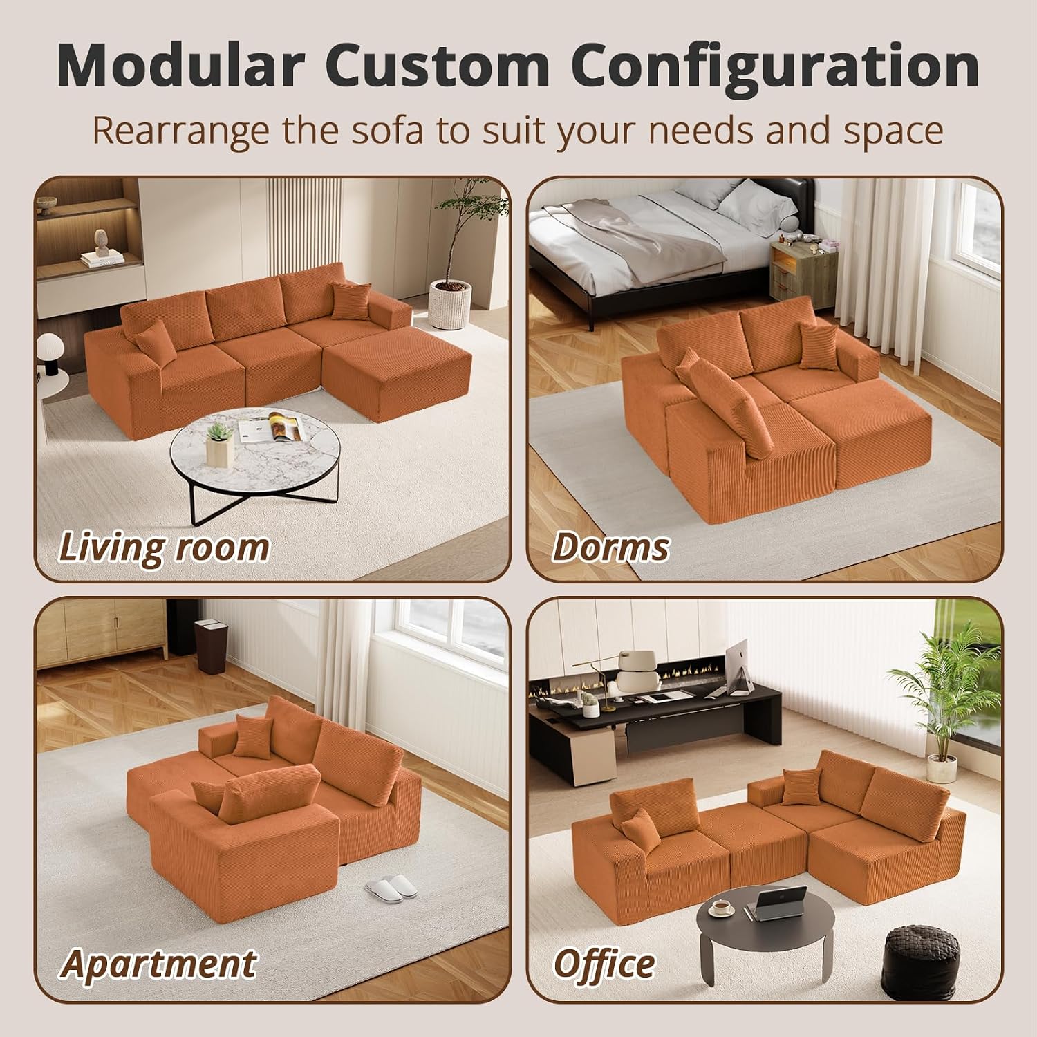 108' L-Shaped Boneless Couch, High Seat Modular Sectional Sofa with Moveable Ottoman, Corduroy Cloud Couches for Living Room, No Assembly, Ship in a Box, Orange
