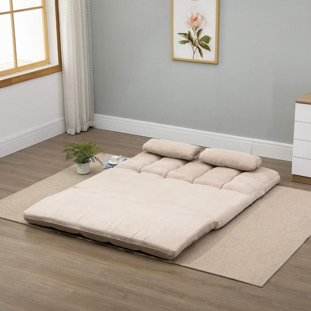 HOMCOM Convertible Floor Sofa Chair, Folding Couch Bed, Guest Chaise Lounge with 2 Pillows, Adjustable Backrest and Headrest, 51.25' L, Beige