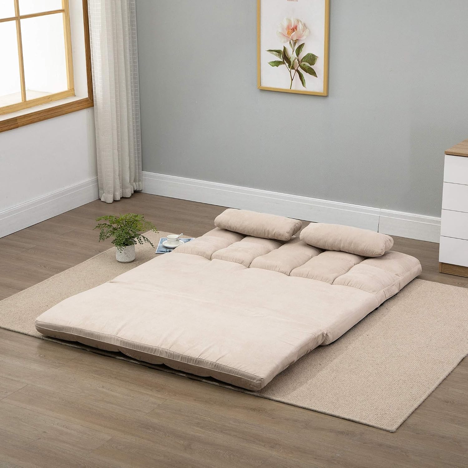HOMCOM Convertible Floor Sofa Chair, Folding Couch Bed, Guest Chaise Lounge with 2 Pillows, Adjustable Backrest and Headrest, 51.25' L, Beige