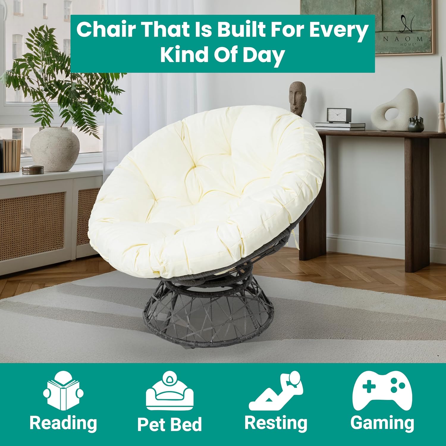 Naomi Home 40' Papasan Chair Indoor with Cushion and Frame – Round Wicker Papasan Chair with Thick Tufted Cushion, Sturdy Metal Base, Large Reading Chair for Bedroom & Living Room, Cream