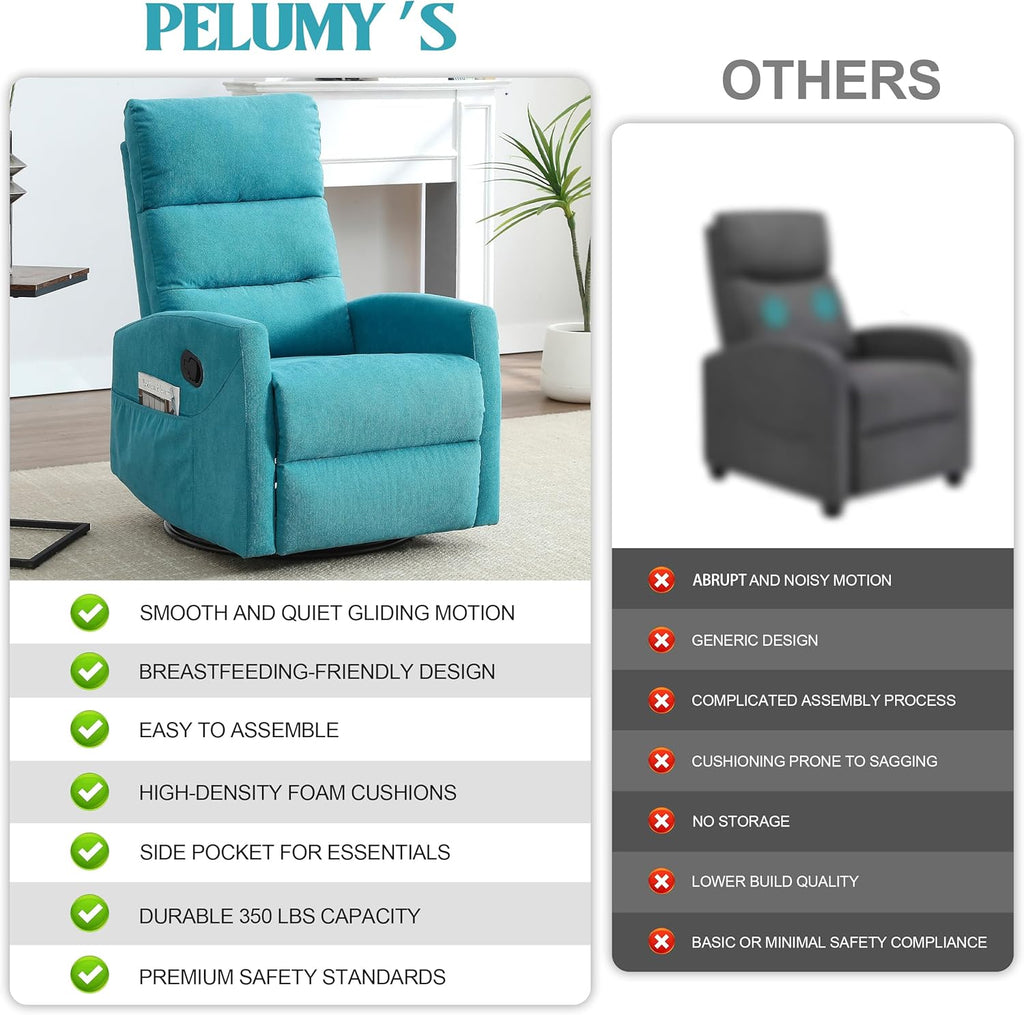 PELUMY Manual Recliner Chair, 360° Swivel Glider and Rocker Recliner with 155° Recline, Compact Fabric Recliner for Small Space, Nursery, Living Room, Bedroom, No Tools Assembly (Blue)