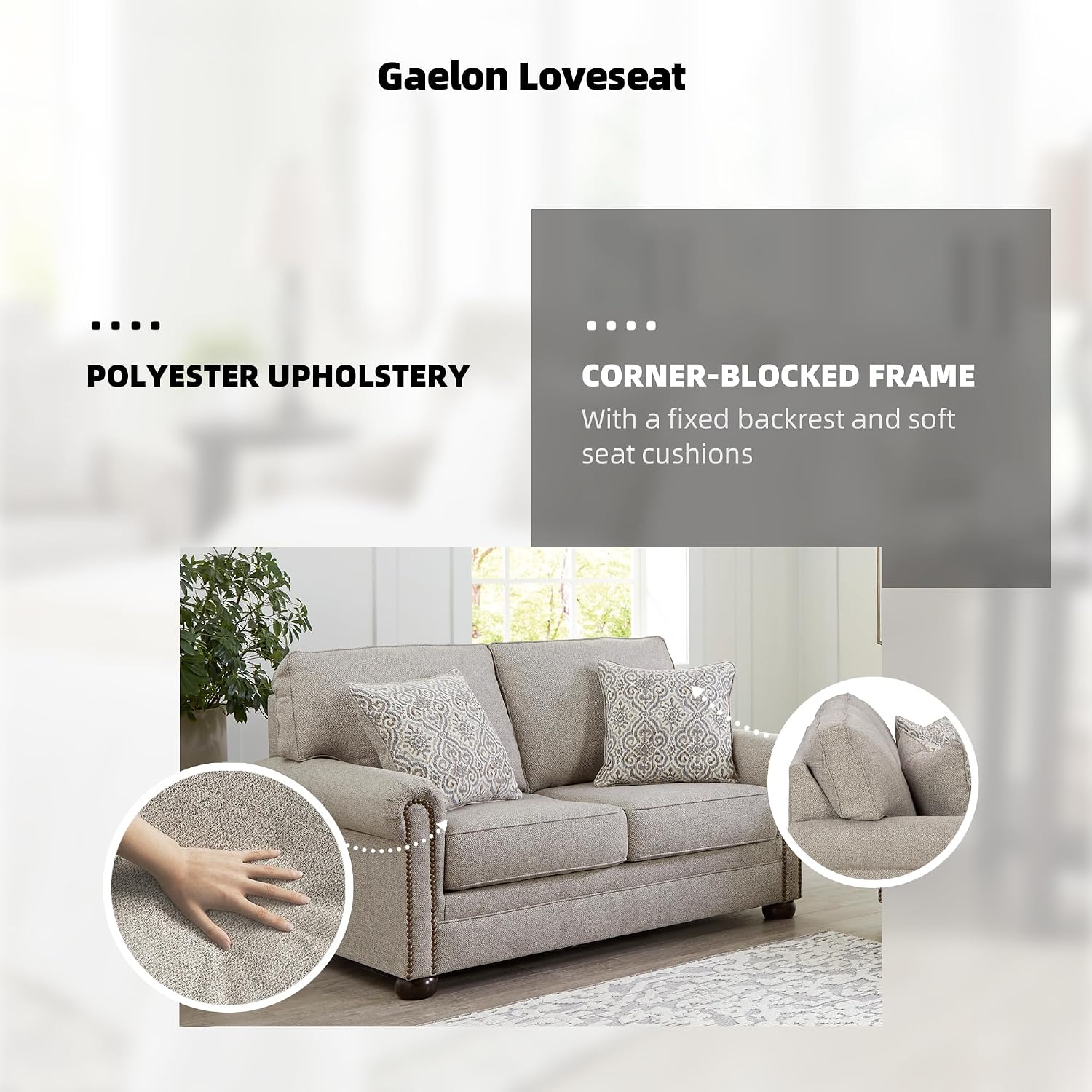 Signature Design by Ashley Gaelon Transitional Loveseat with Nailheads and 2 Accent Pillows, Beige