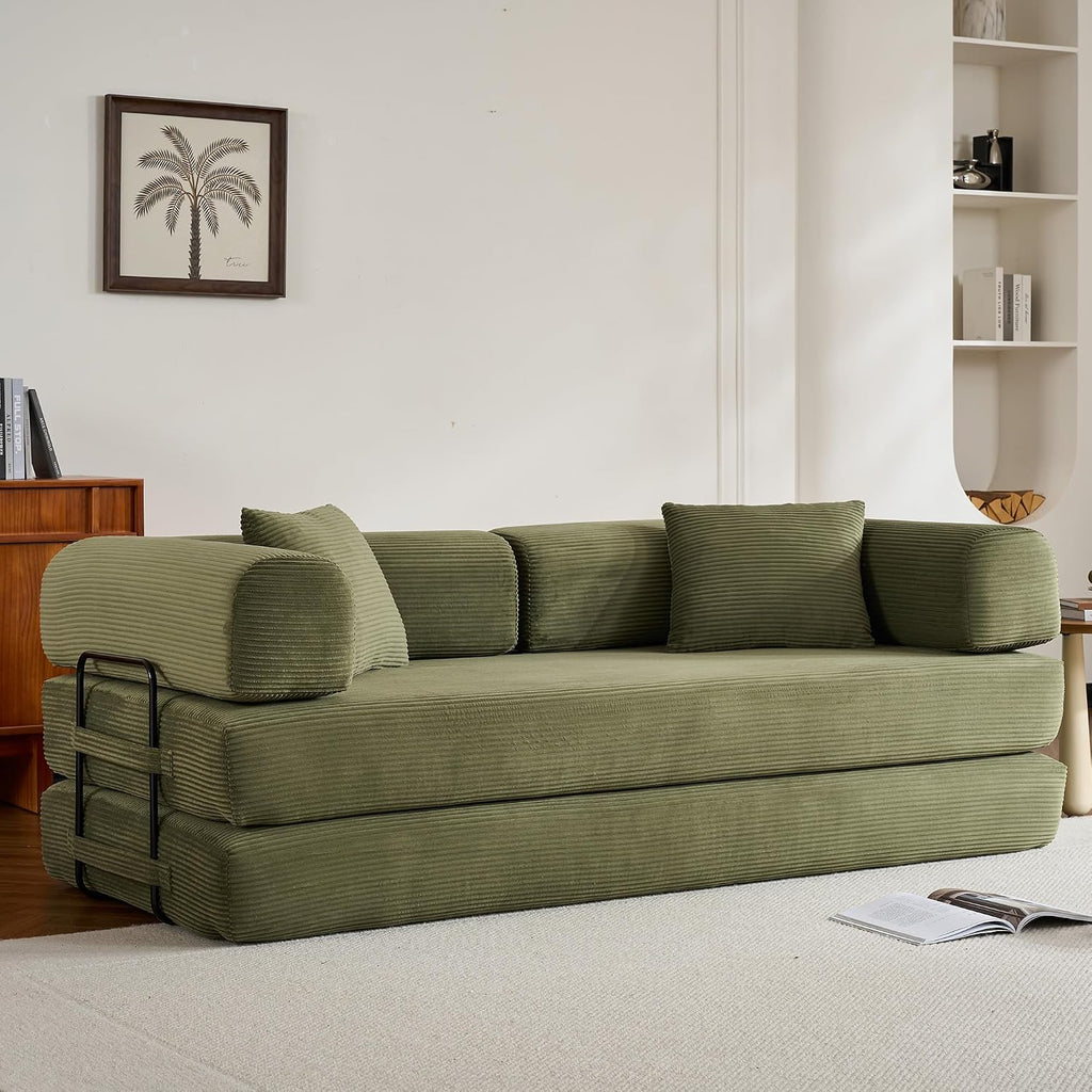 ZEIINPA Convertible Folding Couch Bed, Comfy Corduroy Sleeper Floor Sofa Bed with Fixed-Shape Frame, Floor Sofa with Armrest, Lounge Couch for Living Room Bedroom Lounge Studio, Green