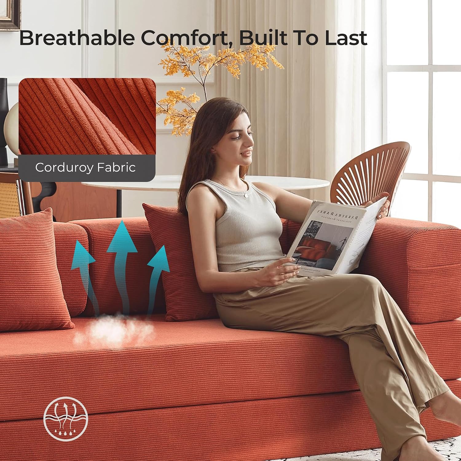79' Convertible Sofa Bed with Pillows, Corduroy Folding Sleeper Sofa with Fixed-Shape Frame, Boneless Couch for Living Room Bedroom, Floor Sofa Lounge No Assembly Required (A - Style-Orange)