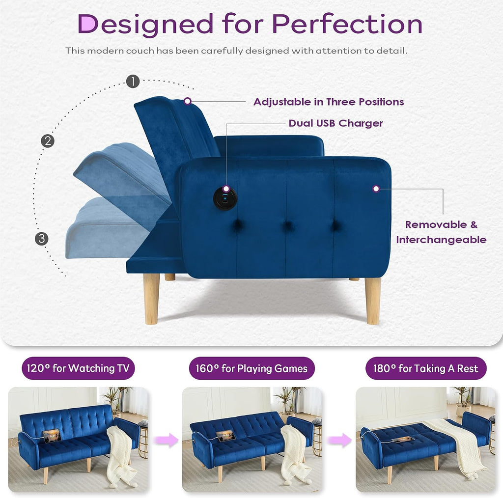 TYBOATLE 62.99' W Velvet Modern Convertible Folding Futon Couch Sofa Bed w/ 2 USB Charging Ports for Compact Living Space, Small Couches for Office, Dorm, RV Room, Apartment, Bedroom (Navy Blue)