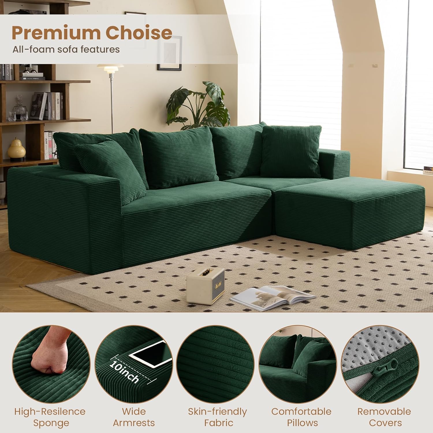 108' L-Shaped Boneless Couch, Modular Sectional Sofa with Moveable Ottoman, Corduroy Cloud Couches for Living Room, No Assembly, Ship in a Box, Green