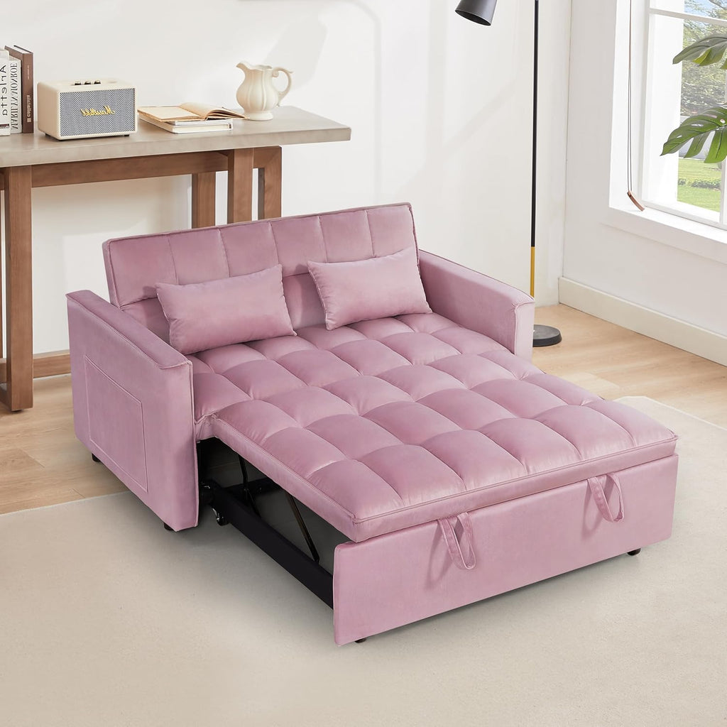 3 in 1 Convertible Sleeper Sofa Bed, 54'' Full Size Velvet Pull Out Futon Couch Recliner with Reclining Backrest & 2 Pillows, Small Loveseat Lounge Couches for Small Spaces (Pink)