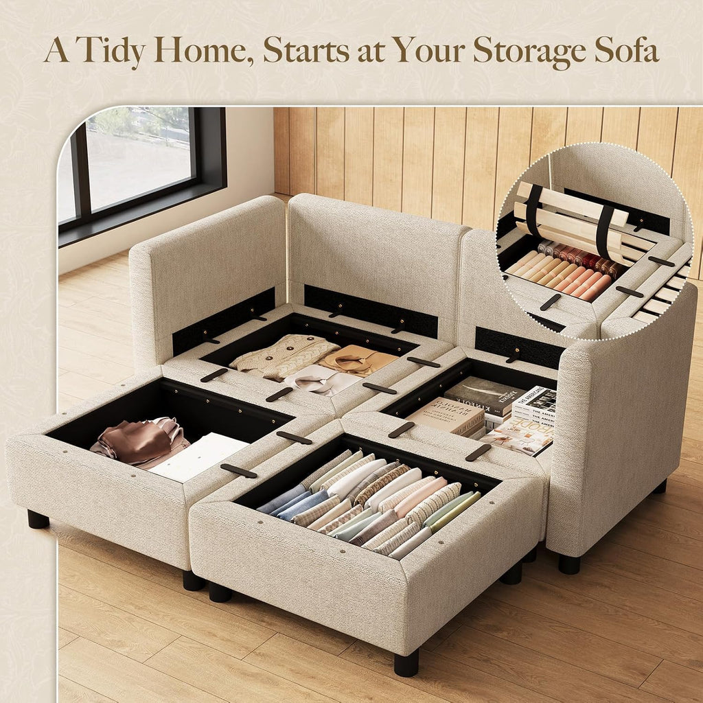Belffin 58.3' Modular Sectional Sofa 4 Seats Sleeper Sofa Washable Sectional Couches for Living Room Comfy Couches with Storage Seat Couch Sofas with Chaise,Beige