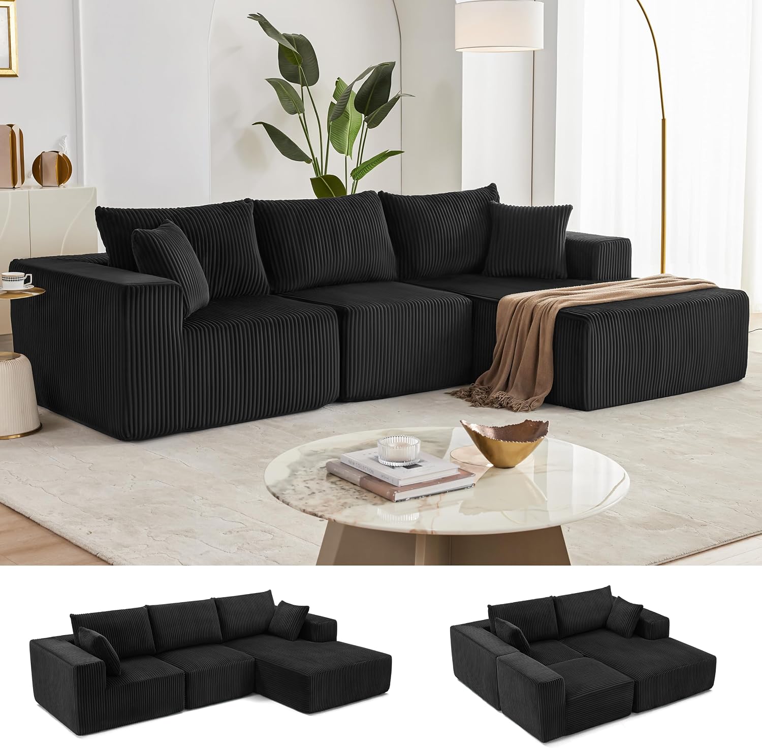 Weture 108' Modular Sectional Sofa, Cloud Sectional Couch with Deep Seat, Upholstered Boneless Couches for Living Room Bedroom, Modern Modular L-Shape Sofa with Chaise (Black, Corduroy)