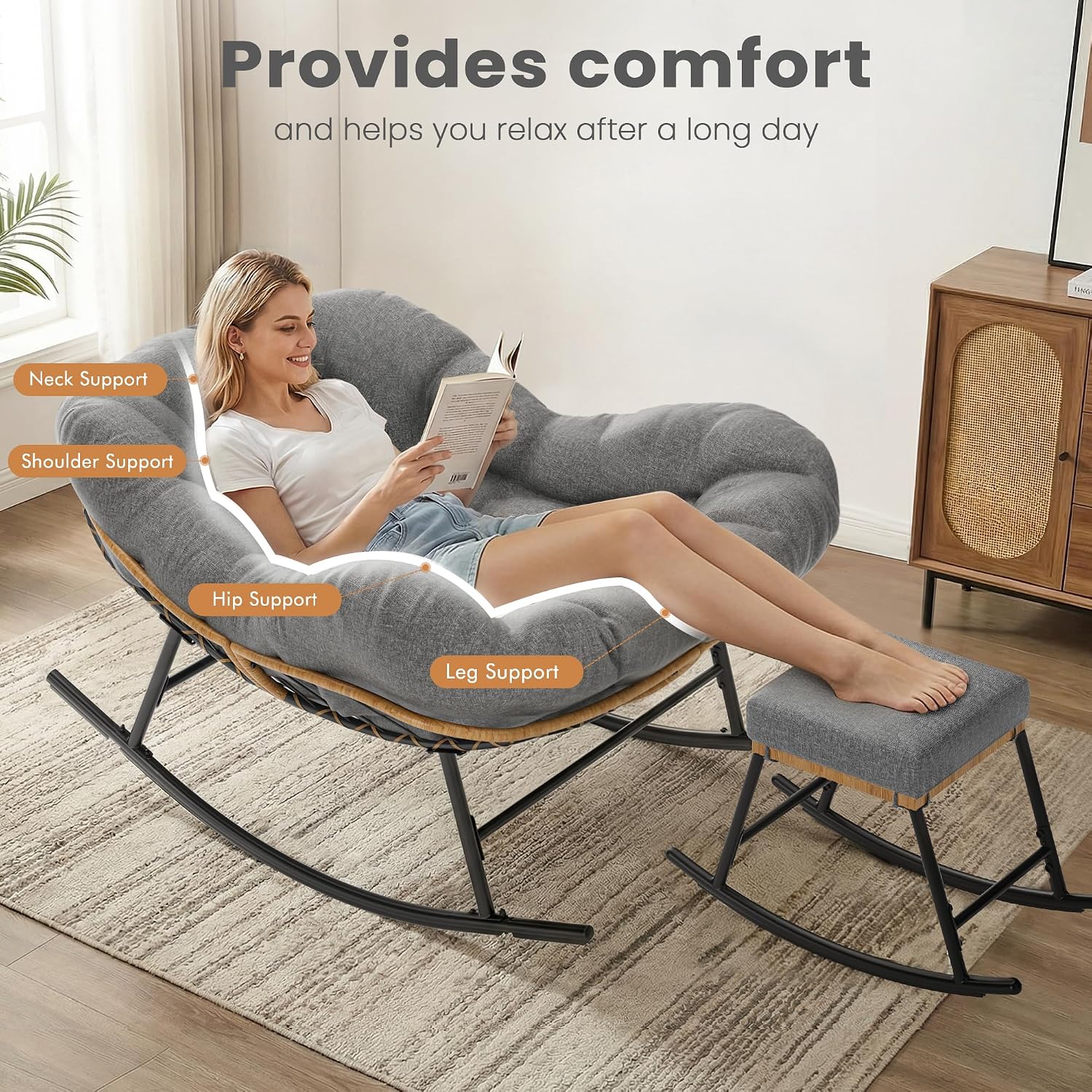 Easyego Oversized Papasan Rocking Chair with Ottoman for Indoor Outdoor Use, Comfortable Wicker Rocker with Cozy Thicken Cushion for Deck, Balcony, Poolside, Lawn, Bedroom, Living Room, Deep Gray
