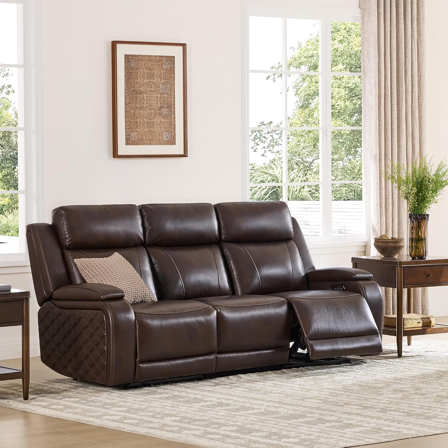 Watson & Whitely Genuine Leather Power Recliner Sofa, 3 Seater Zero Gravity Reclining Couch with Power Headrest & Flip Middle Backrest Table, Hidden Storage, Cup Holders for Living Room, Dark Brown