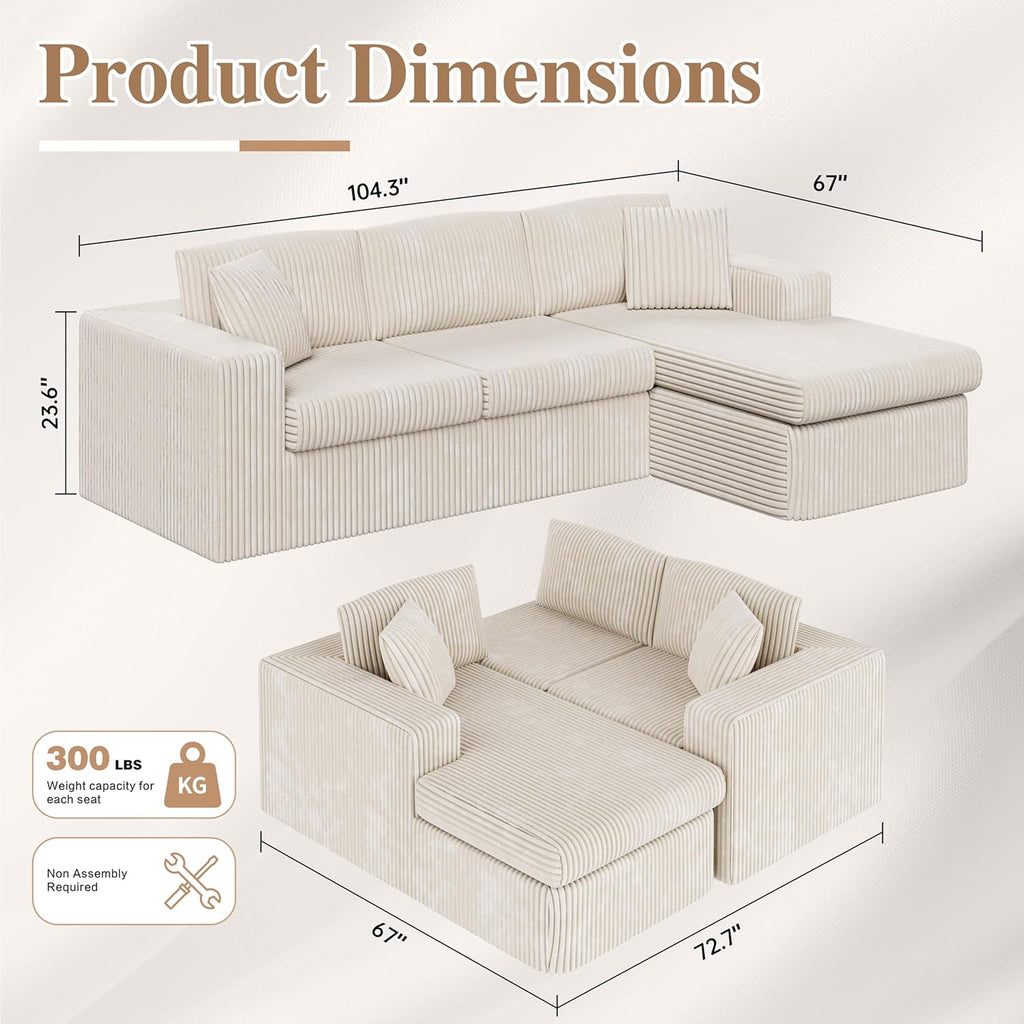 JAMFLY 105' Boneless Couches for Living Room Modular Sectional Sofa L-Shape Couch with Oversized Chaise, Cloud Couch Deep Seat Memory Foam Upholstered for Bedroom, Plush Corduroy Fabric, Cream Beige