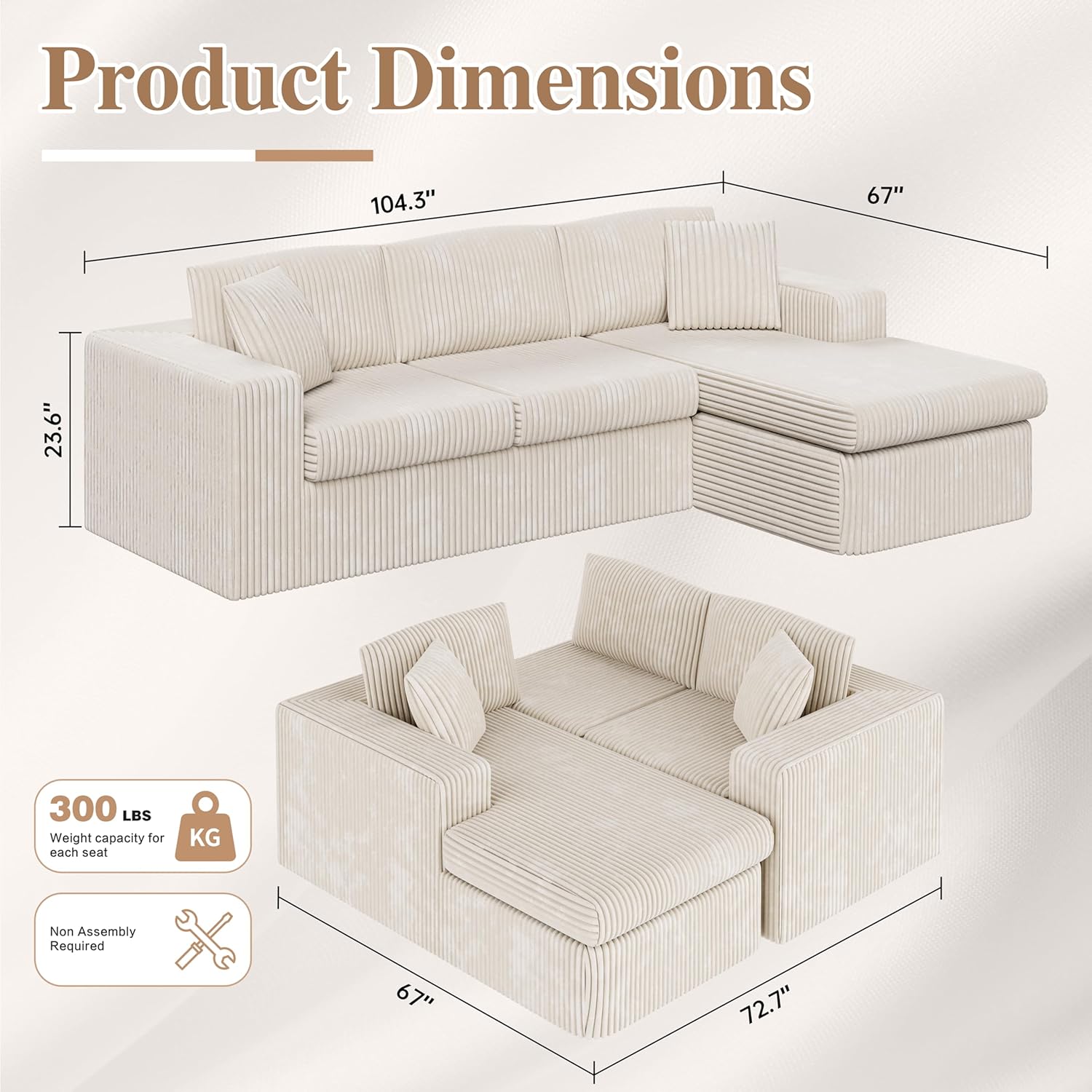 JAMFLY 105' Boneless Couches for Living Room Modular Sectional Sofa L-Shape Couch with Oversized Chaise, Cloud Couch Deep Seat Memory Foam Upholstered for Bedroom, Plush Corduroy Fabric, Cream Beige