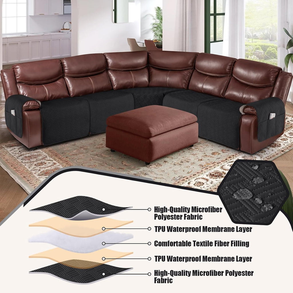 KinCam Waterproof Recliner Sectional Couch Covers, Oversized Reclining Sofa Covers for L Shape Couch, Non Slip Couch Cover for Sofa Washable Slipcover (5 Seat Recliner Cover, Black)