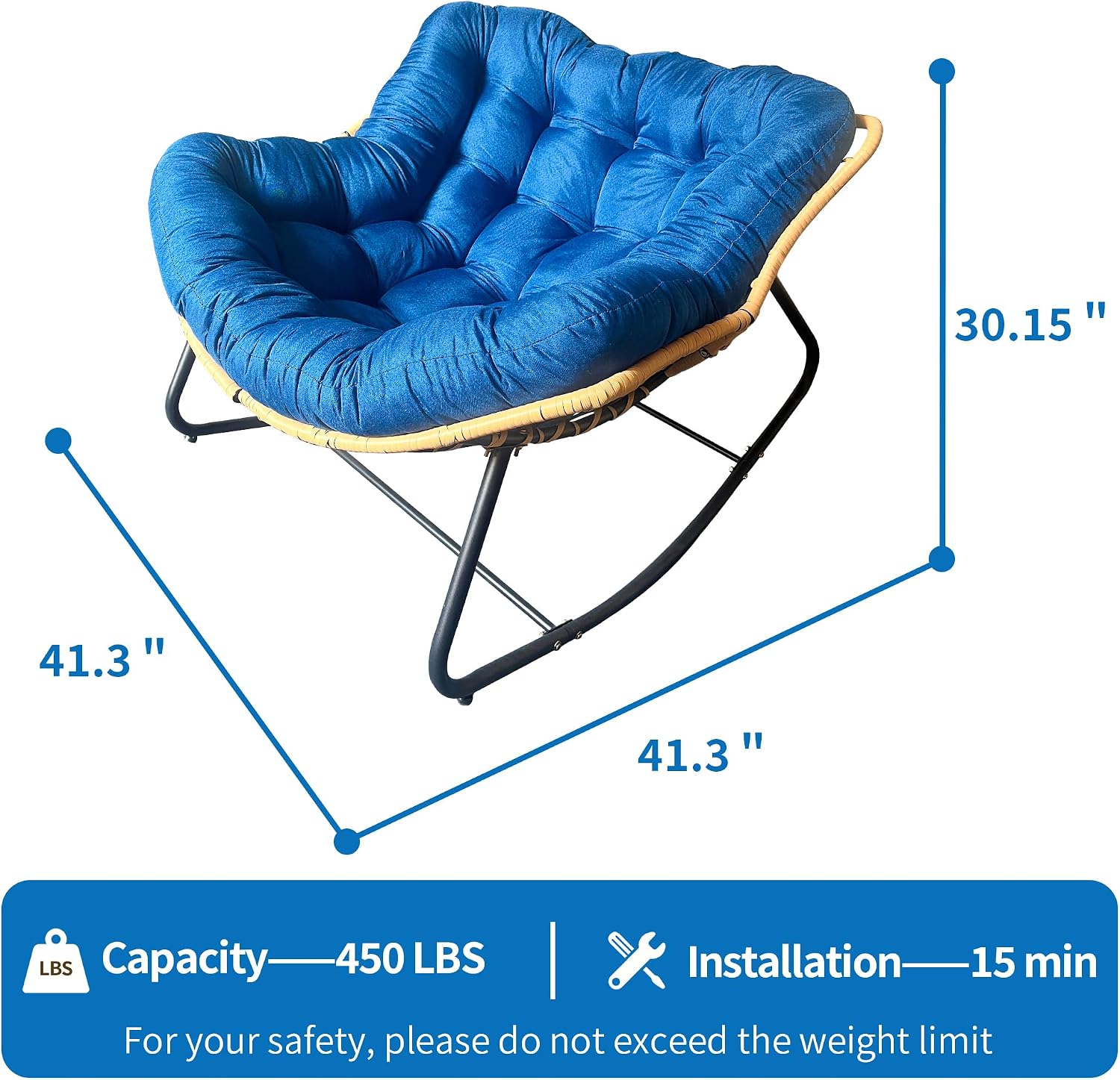 Patio Rocking Egg Chair - Outdoor Rocking Chair with Thick Cushion, Modern Indoor Outdoor Papasan Rocking Chair, Lounge Rocker for Balcony, Living Room, Bedroom, Porch, Patio, Lawn, Garden (Blue)