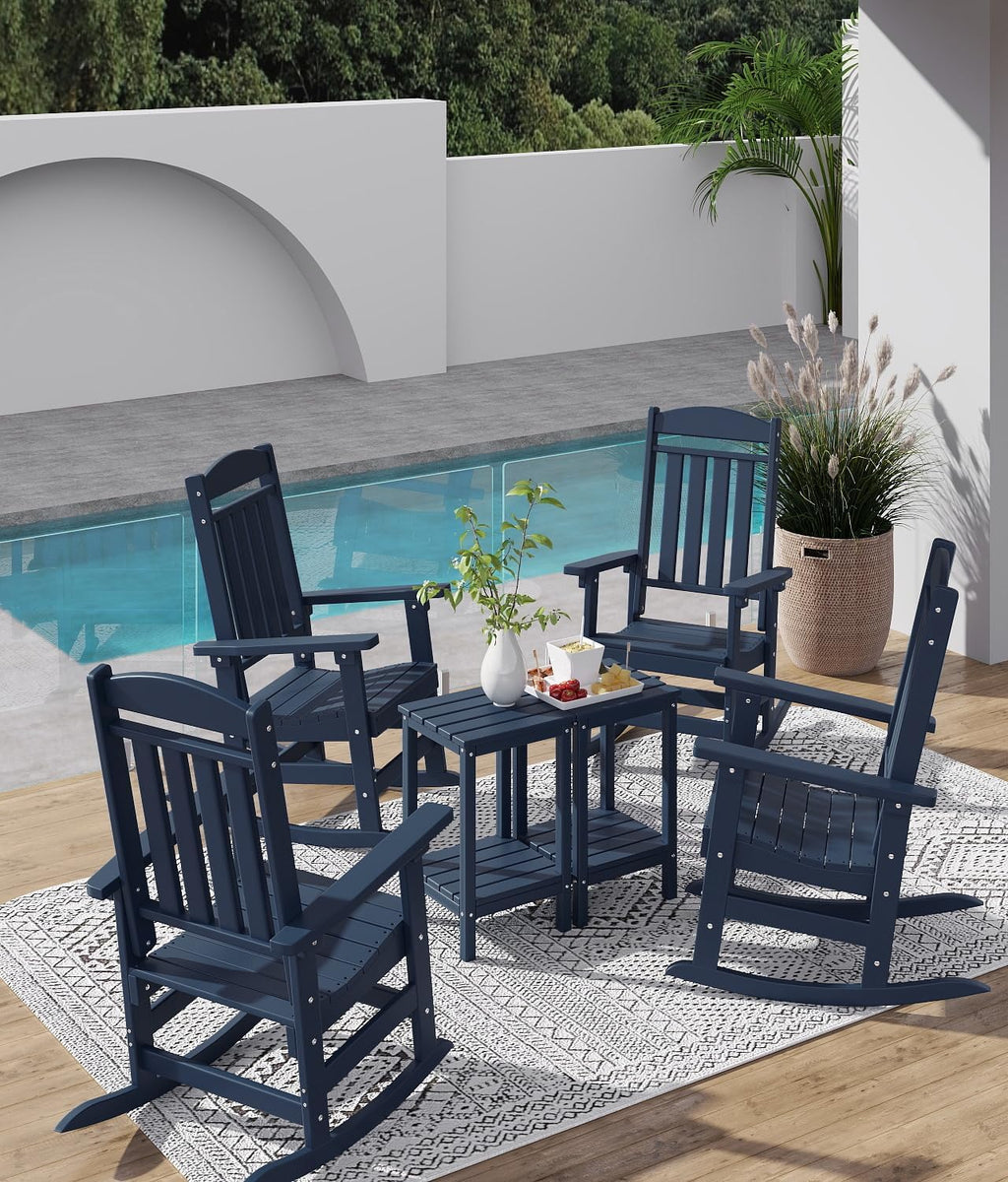 FOOWIN Outdoor Rocking Chair Set of 2, High Back Patio Rocking Chair, HDPE All Weather Resistant Porch Rocker for Adult, Oversized Rocking Chairs for Garden, Lawn, Indoor & Outdoor Use, Navy Blue