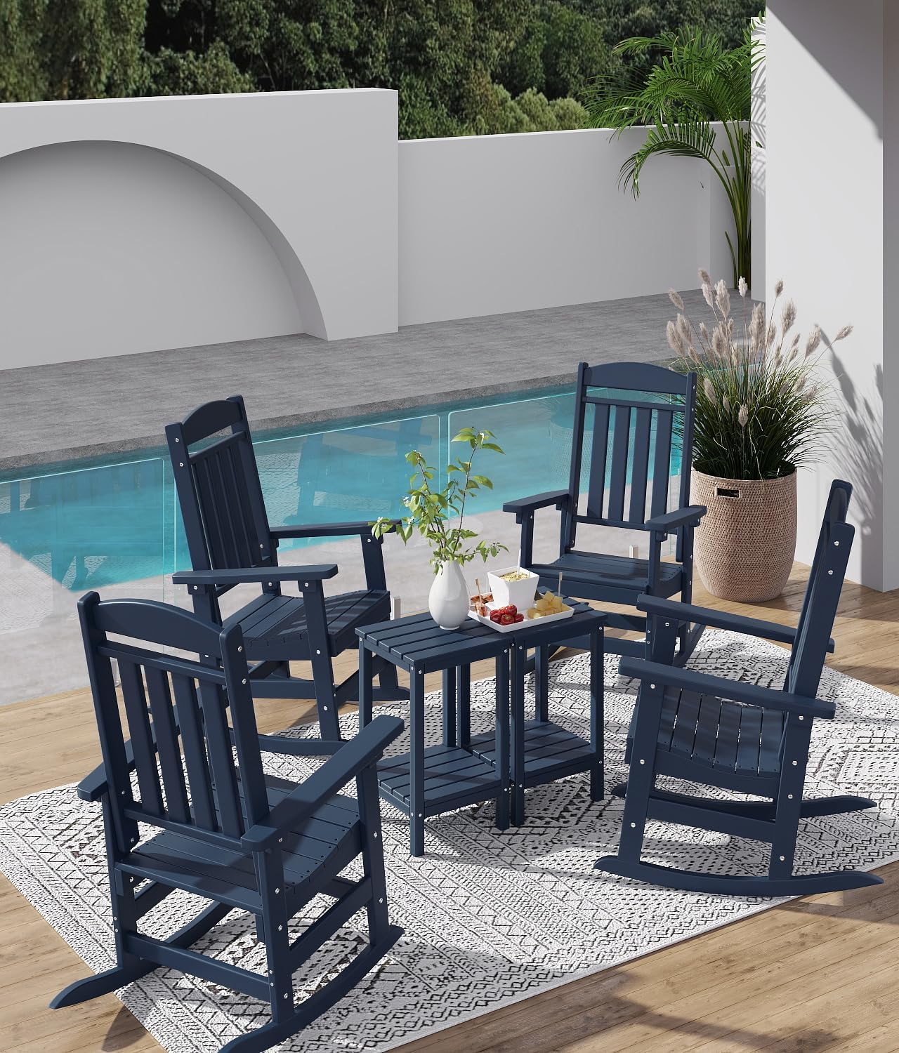 FOOWIN Outdoor Rocking Chair Set of 2, High Back Patio Rocking Chair, HDPE All Weather Resistant Porch Rocker for Adult, Oversized Rocking Chairs for Garden, Lawn, Indoor & Outdoor Use, Navy Blue