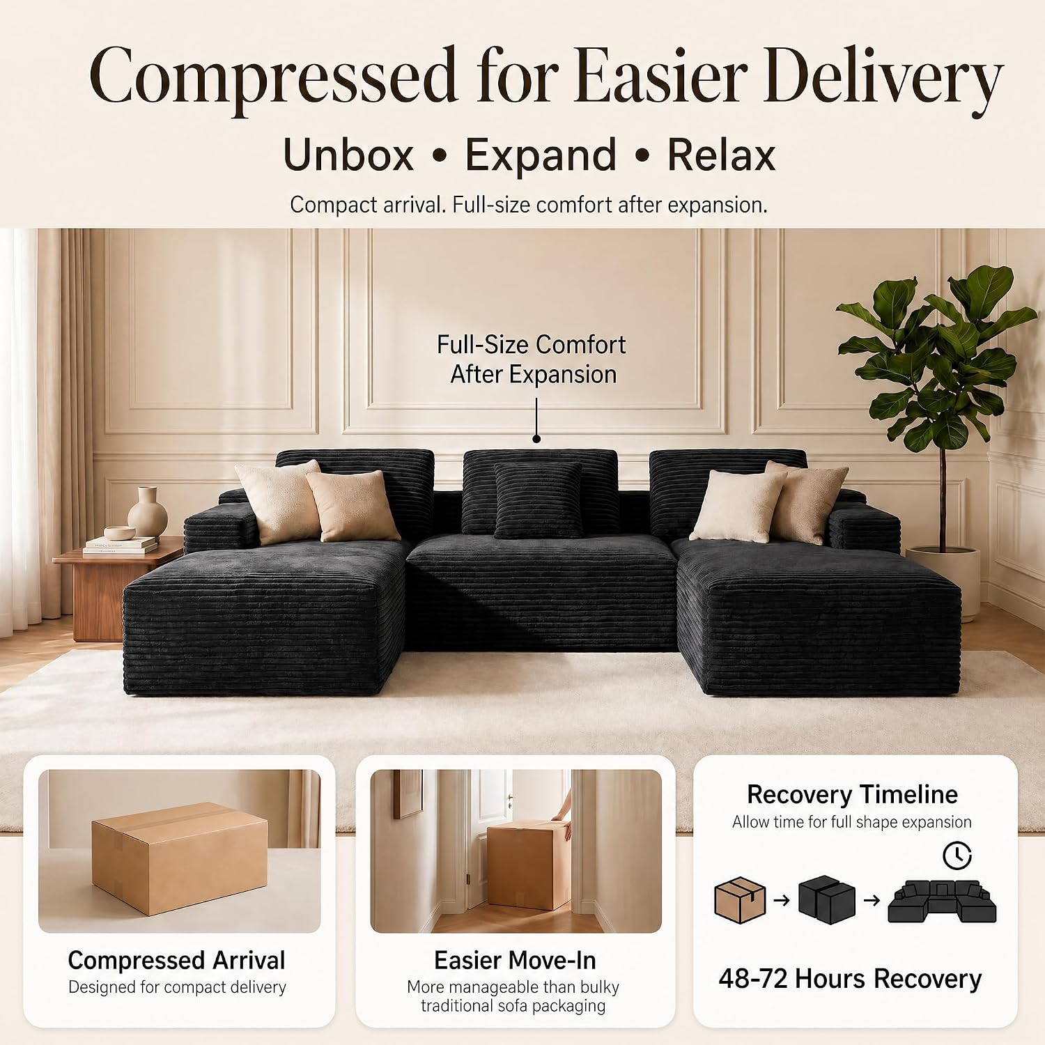 Boneless Modular Sectional Sofa, Cloud Couch with Left Facing Chaise, Oversized Deep Seat, L-Shaped, Soft Corduroy Fabric, Sectional Couch for Living Room -Black