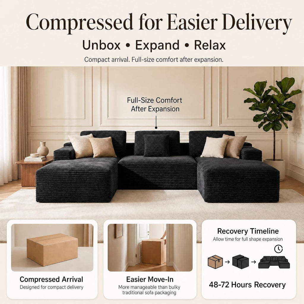 105'' Boneless Modular Sectional Sofa, Cloud Couch with Left Facing Chaise, Oversized Deep Seat, U-Shaped, Soft Corduroy Fabric, Sectional Couch for Living Room -U Black