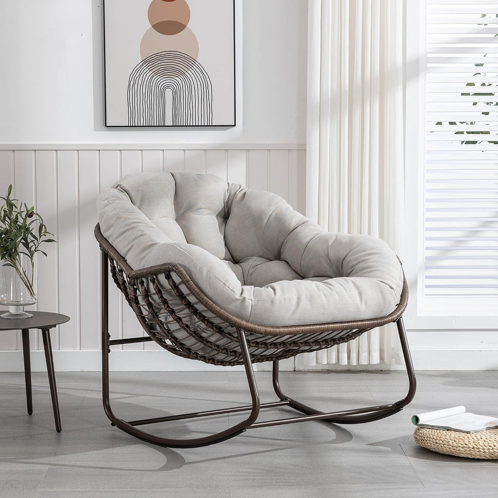 Patio Rocking Chairs, Oversized Wicker Egg Rocking Chair,Indoor & Outdoor Upholstered Papasan Chairs, Modern Lounge Chair for Balcony,Living Room Patio, Front Porch, Garden