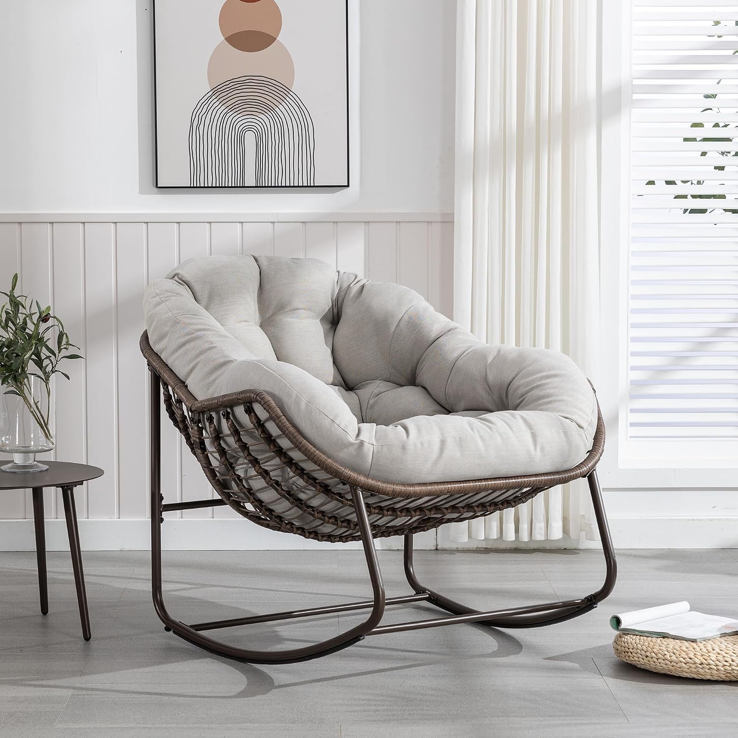 Patio Rocking Chairs, Oversized Wicker Egg Rocking Chair,Indoor & Outdoor Upholstered Papasan Chairs, Modern Lounge Chair for Balcony,Living Room Patio, Front Porch, Garden