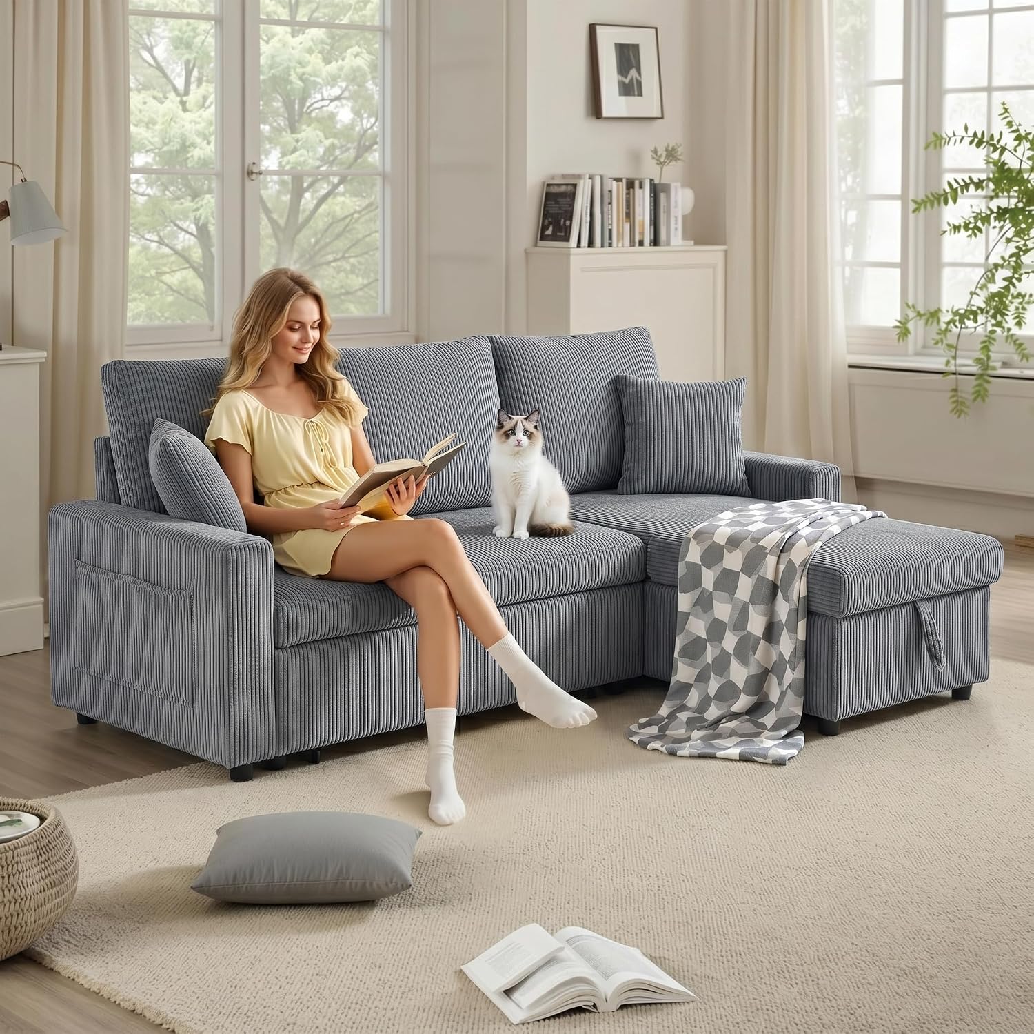 86in Reversible Sectional Sofa Couch, Sleeper Sofa Bed with Storage Chaise Pull Out Couch for Living Room (Ashgrey)