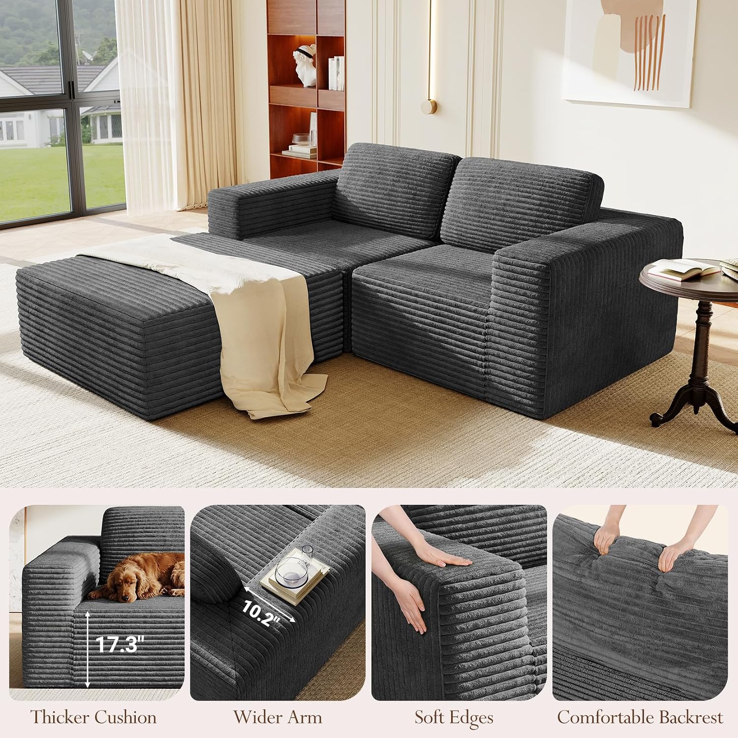 Vesgantti 80' Modular Sectional Sofa, Corduroy Cloud Couch with Deep Seats & Spring Support, Compact 2 Seater Boneless Couch, L-Shaped Modular Sofa for Small Spaces, Apartments, No Assembly, Grey
