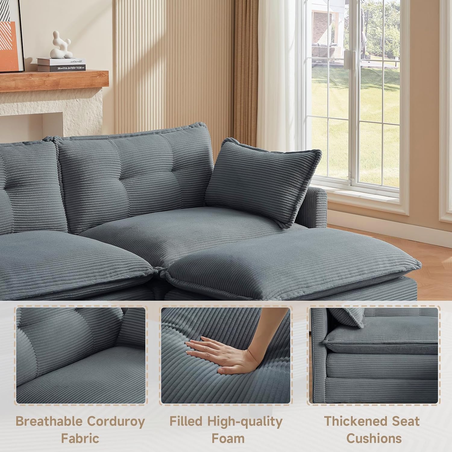 Amsleekey Modular Sectional Sofa, 76.5' L-Shaped Corduroy Comfy Sectional Couches for Living Room, 2-Seater Cloud Couches with 1 Movable Ottoman, Flexible Combination Modern Deep Seat Sofa (Grey)