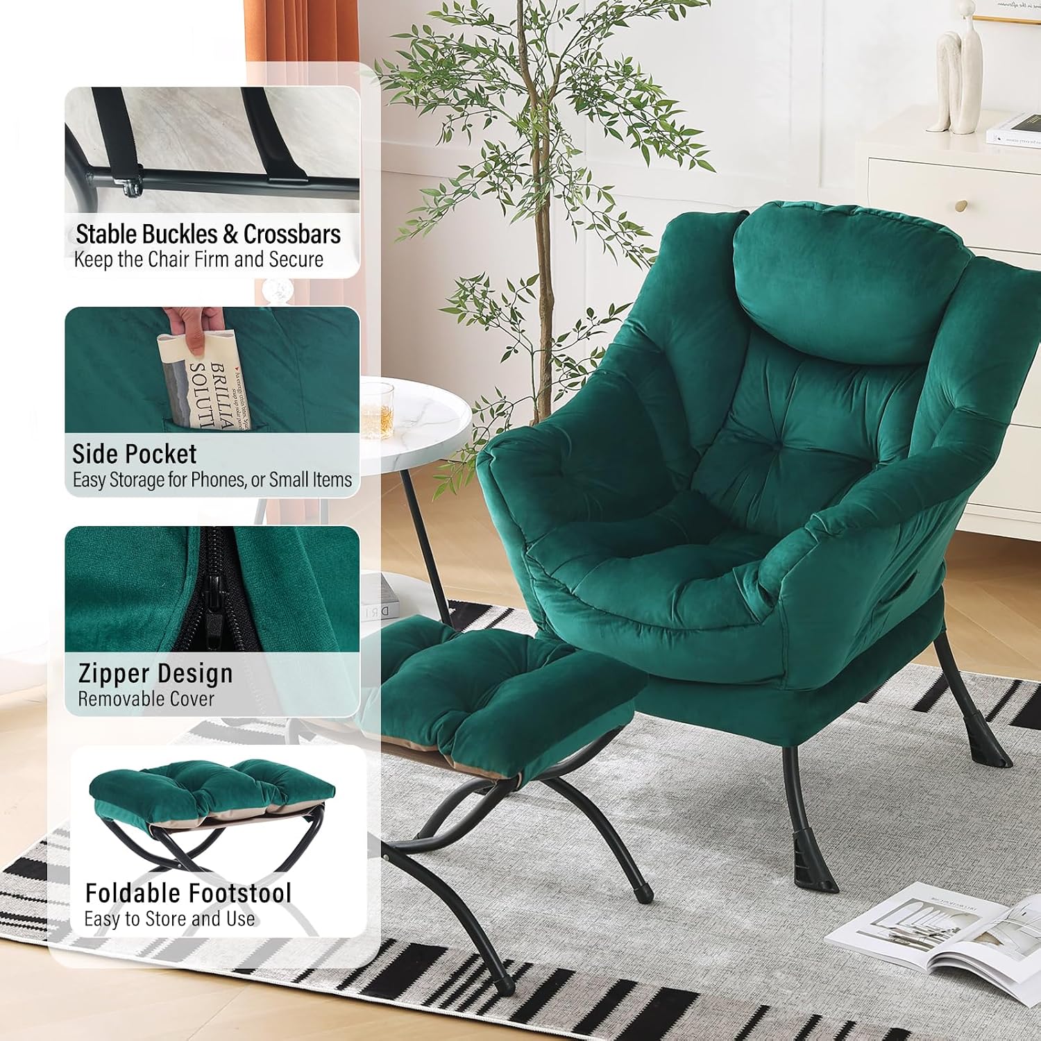 Furlide Lazy Chair with Ottoman, Modern Accent Chairs with Folding Footrest, Velvet Dark Green Sofa Chair Set, Reading Chairs, Oversized Armchairs for Bedroom, Study, Living Room, Courtyard