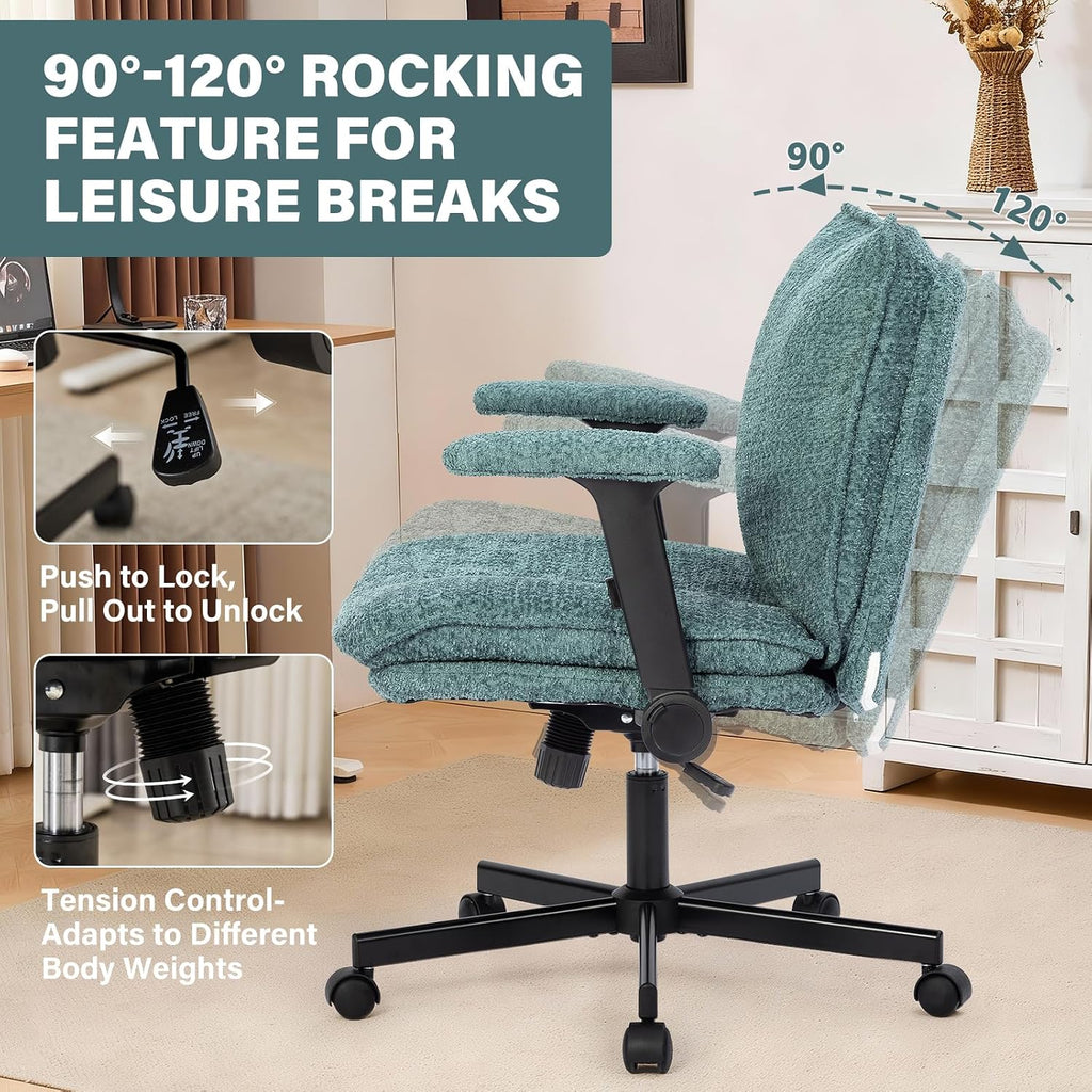 Kassipo Criss Cross Legged Office Chair with Wheels and Flip-Up Arms, Upholstered Criss Cross Desk Chair, Wide Seat Chairs for Home Office, Vanity, Apartment, Green