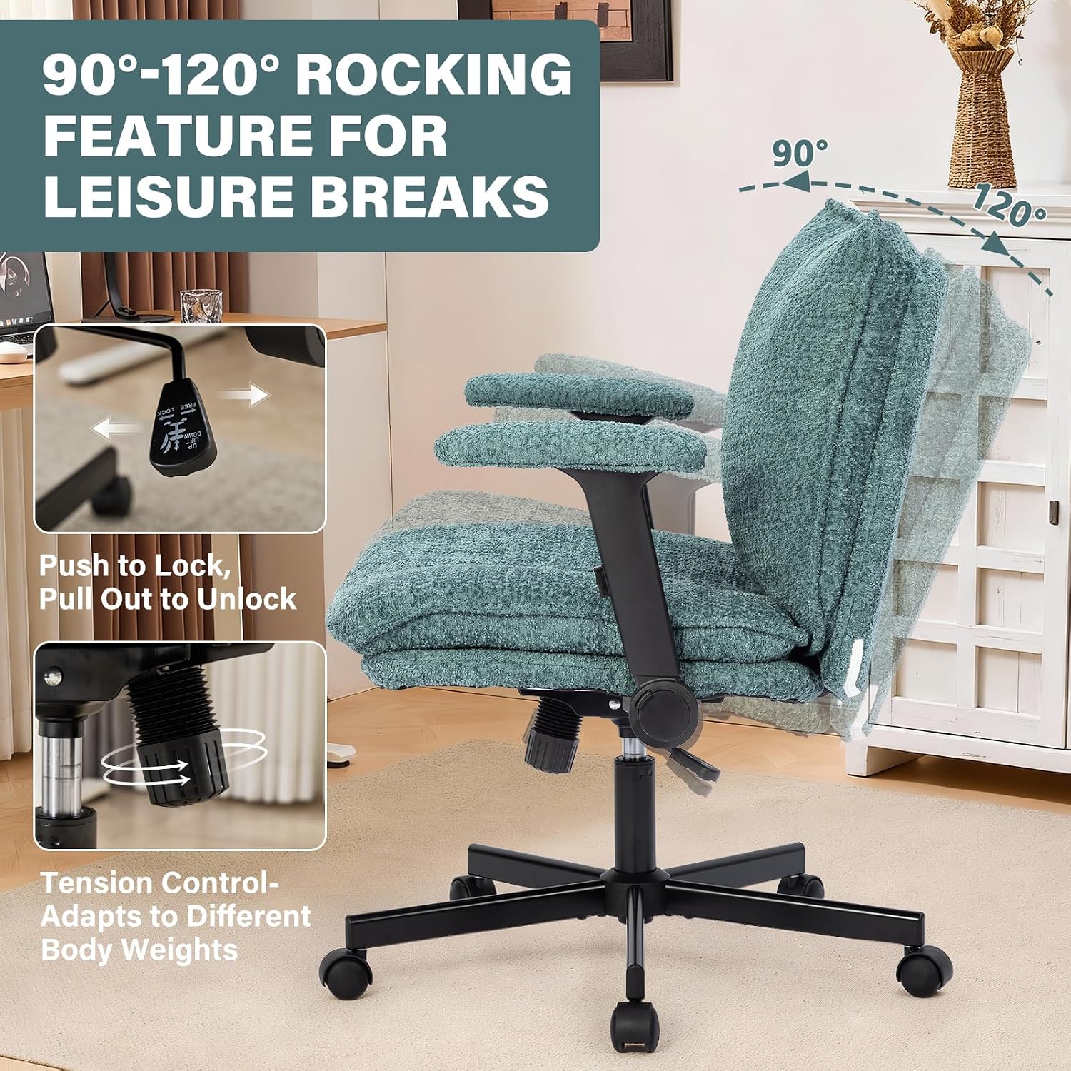 Kassipo Criss Cross Legged Office Chair with Wheels and Flip-Up Arms, Upholstered Criss Cross Desk Chair, Wide Seat Chairs for Home Office, Vanity, Apartment, Green