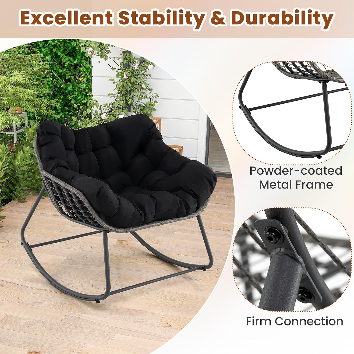 Giantex Outdoor Rocking Chair with Padded Cushion, Oversized Papasan Chair, PE Rattan, Egg Rocker for Reading, Front Porch, Garden, Patio, Backyard (1,Black)