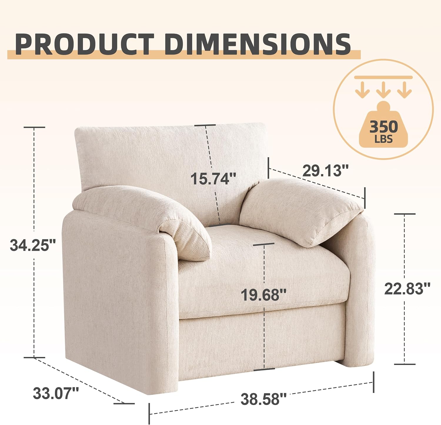 Howjoe Chenille Oversized Armchair, 38.6' Wide Accent Chairs for Living Room & Bedroom Modern Lounge Chair, Upholstered Mid-Century Reading Chair, Comfy Living Room Chair, Single Sofa Chair, Beige