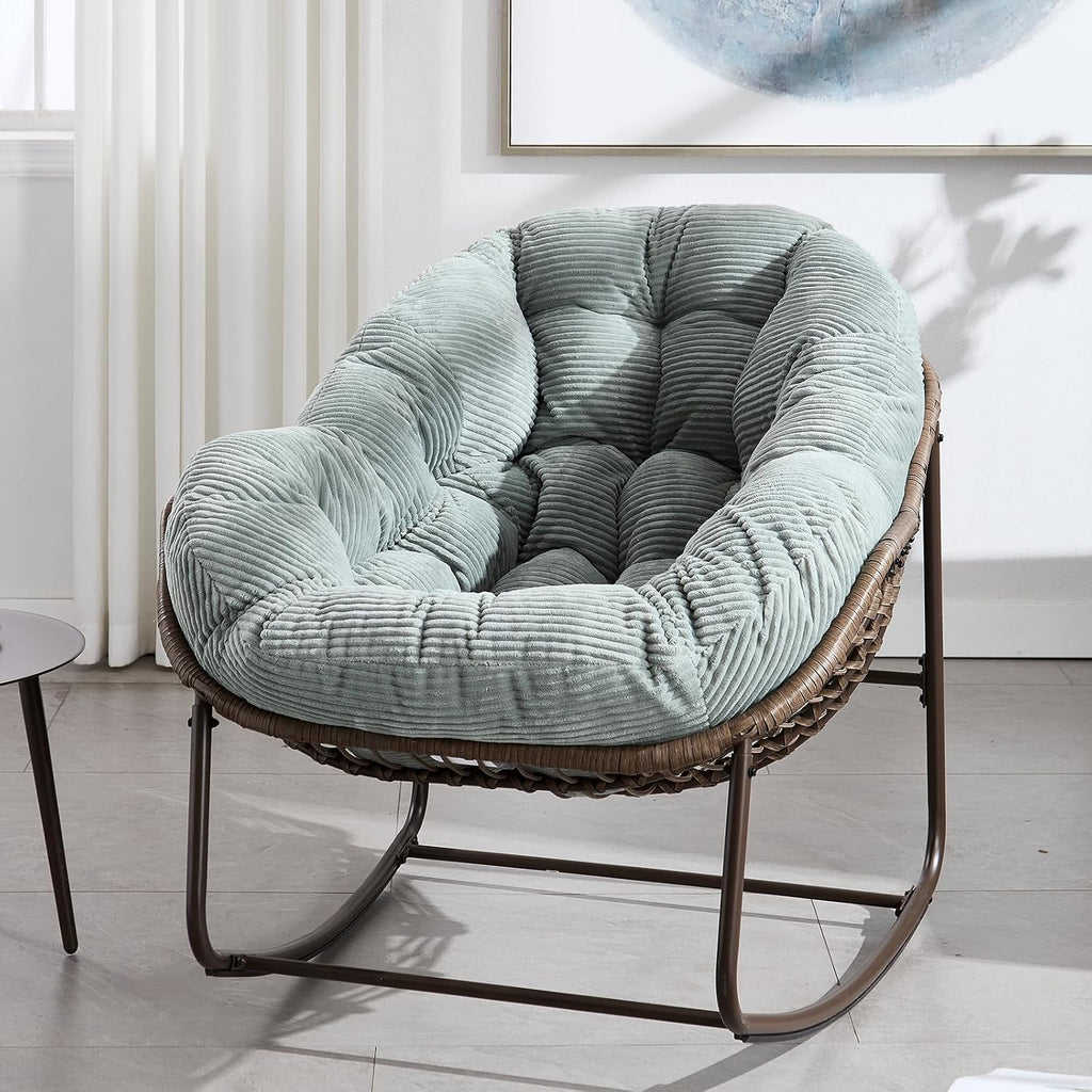 Papasan Rocking Chairs Outdoor Indoor, Oversized Rattan Rocker Patio Chair with Padded Cushion, Comfy Modern Indoor Egg Chair for Living Room, Bedroom, Porch, Garden, Balcony(Corduroy, Light Green)
