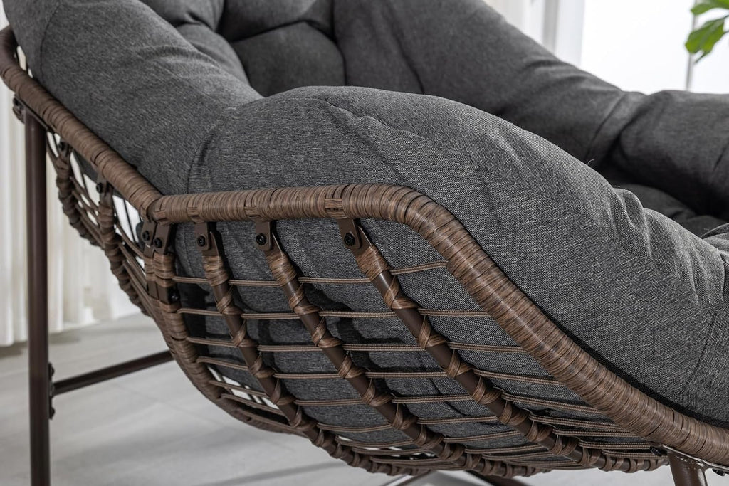 Outside Rattan Rocking Chair with Wicker Cushion, Oversized Lounge Papasan Chair, Outdoor Camping Chairs Patio Furniture for Garden, Balcony, Front Porch & Living Room, Grey1