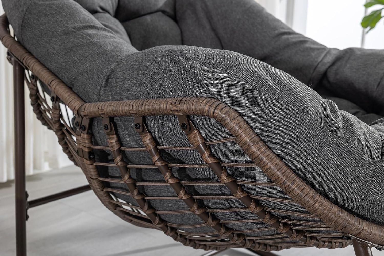 Outside Rattan Rocking Chair with Wicker Cushion, Oversized Lounge Papasan Chair, Outdoor Camping Chairs Patio Furniture for Garden, Balcony, Front Porch & Living Room, Grey1