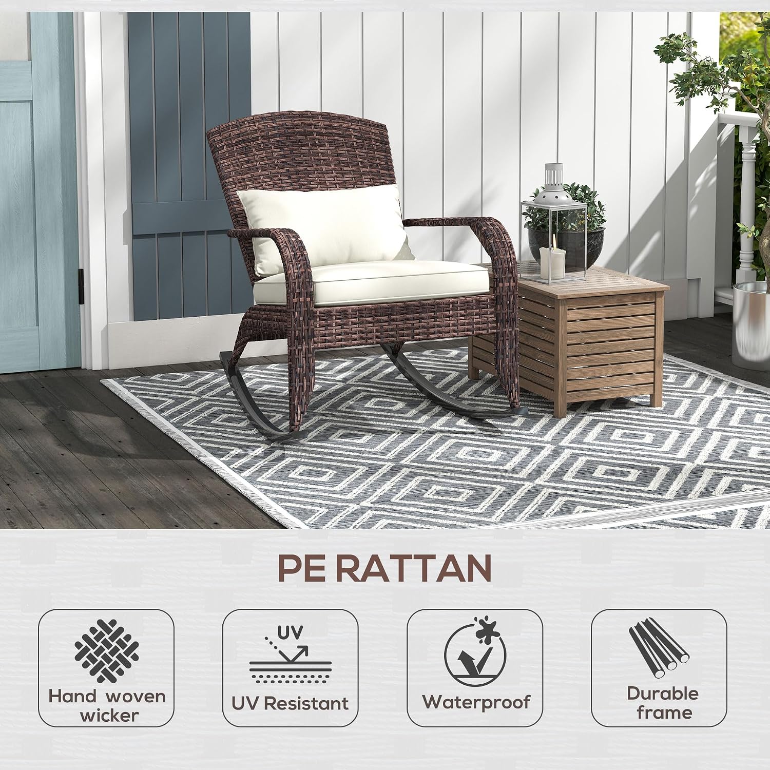 Outsunny Outdoor Wicker Adirondack Rocking Chair, Patio Rattan Rocker Chair with High Back, Seat Cushion, and Pillow for Garden, Porch, Balcony, Cream White
