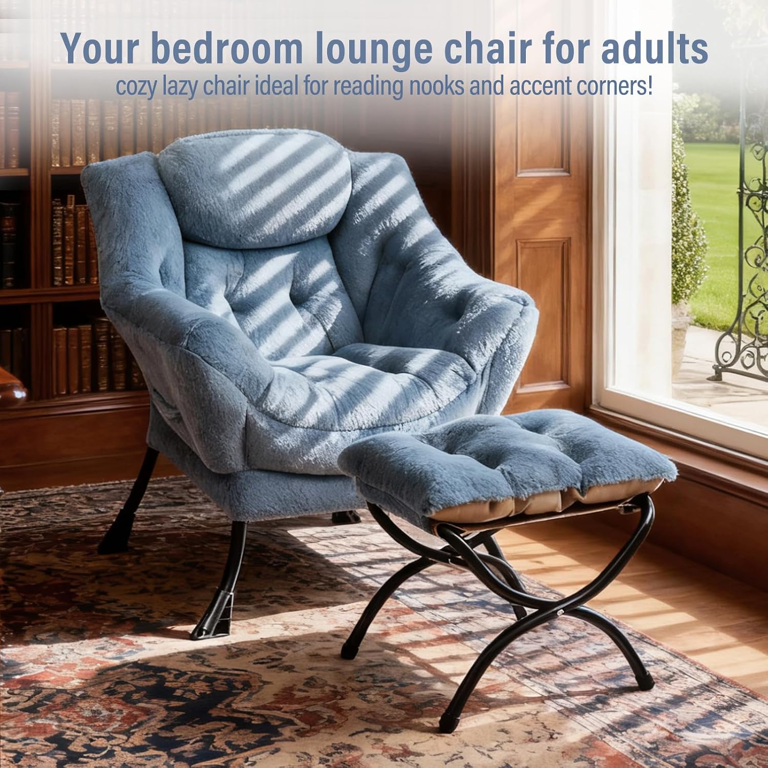 Furlide Lazy Chair with Ottoman, Modern Accent Chair with Armrests and a Side Pocket, Plush Light Blue Accent Chairs, Reading Chairs, Oversized Armchairs for Bedroom, Study, Living Room, Courtyard
