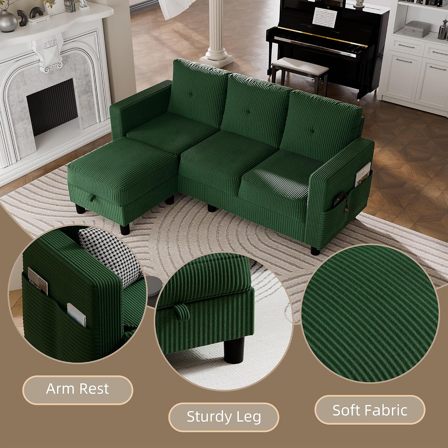 Convertible Sectional Sofa with Storage Ottoman, 77' L-Shaped 3-Seat Couch with Skin-Friendly Corduroy Fabric, Reversible Small Sectional for Small Space, Apartment, Living Room and Office(Green)
