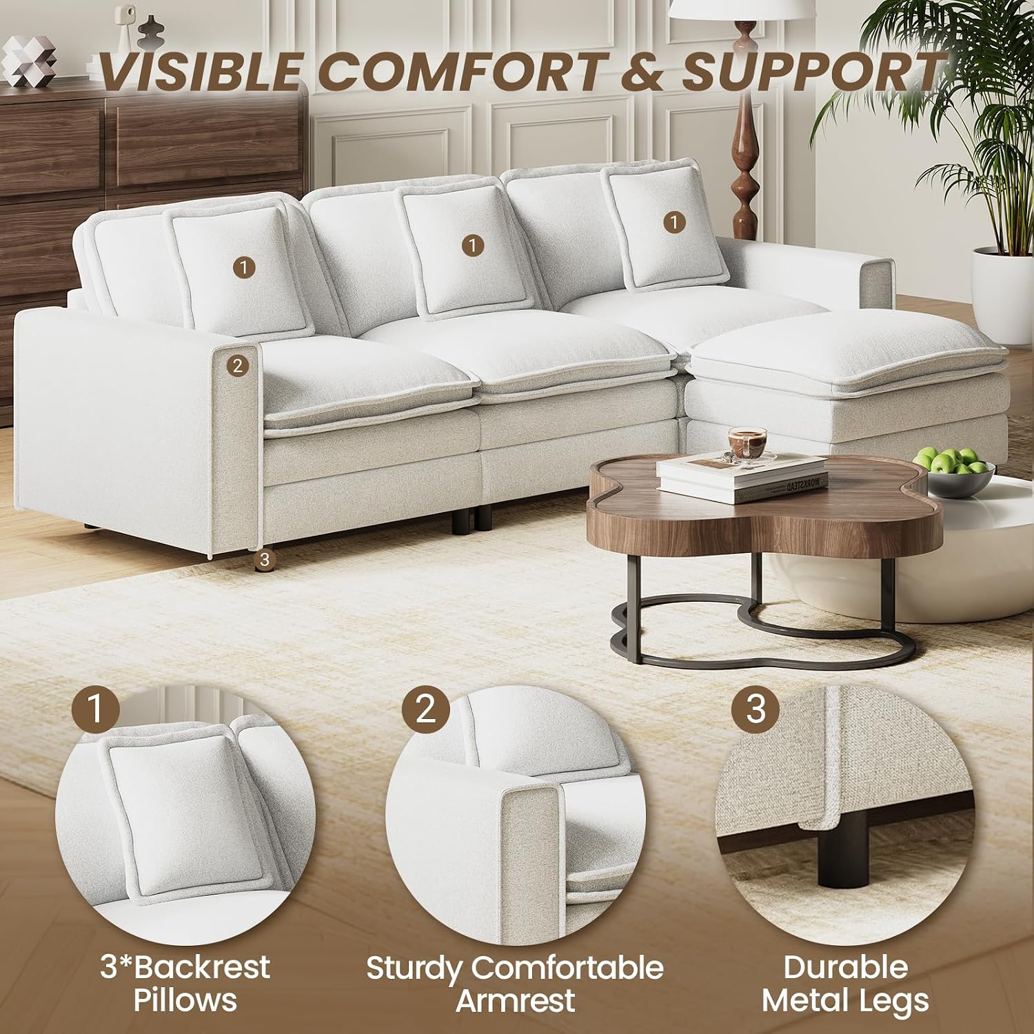 MALOL Modular Sectional Sofa 107', Comfy Cloud Couch with Ottoman, Deep 4-Seat L Shaped Modular Sofa, Couches with Throw Pillows for Living Room, Beige
