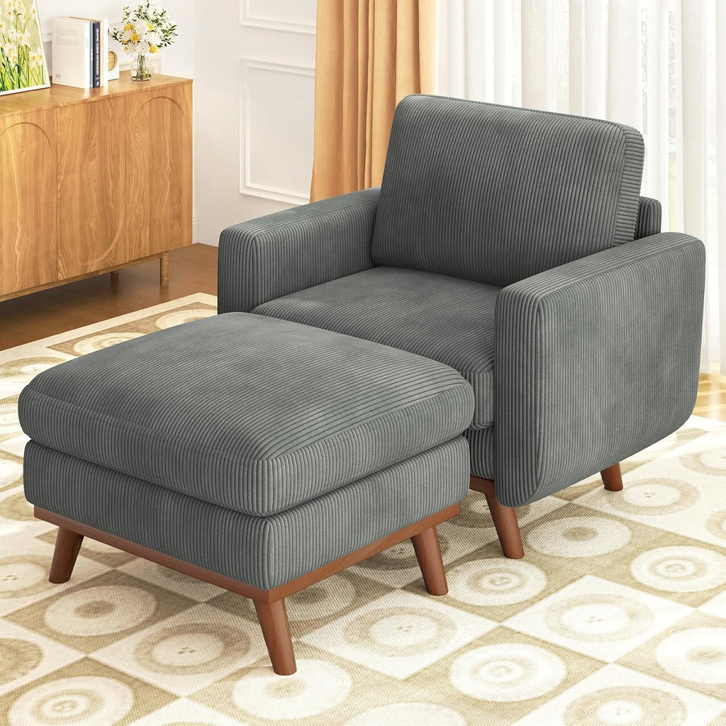 Vesgantti 38.5' Accent Chair with Movable Ottoman, Comfy Corduroy Armchair with Spring Cushion, Reading Chair with Ottoman, Modern Single Sofa for Living Room, Bedroom and Apartment, Dark Gray