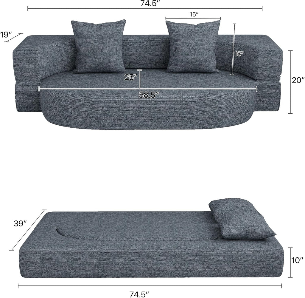 HENGJIANYI Folding Sofa Bed, Convertible Futon Sleeper Bed, 2-in-1 Foldable Floor Mattress with 2 Pillows, Breathable High-Density Foam Lazy Couch, Twin Size Comfy Lounge Chair, Dark Gray