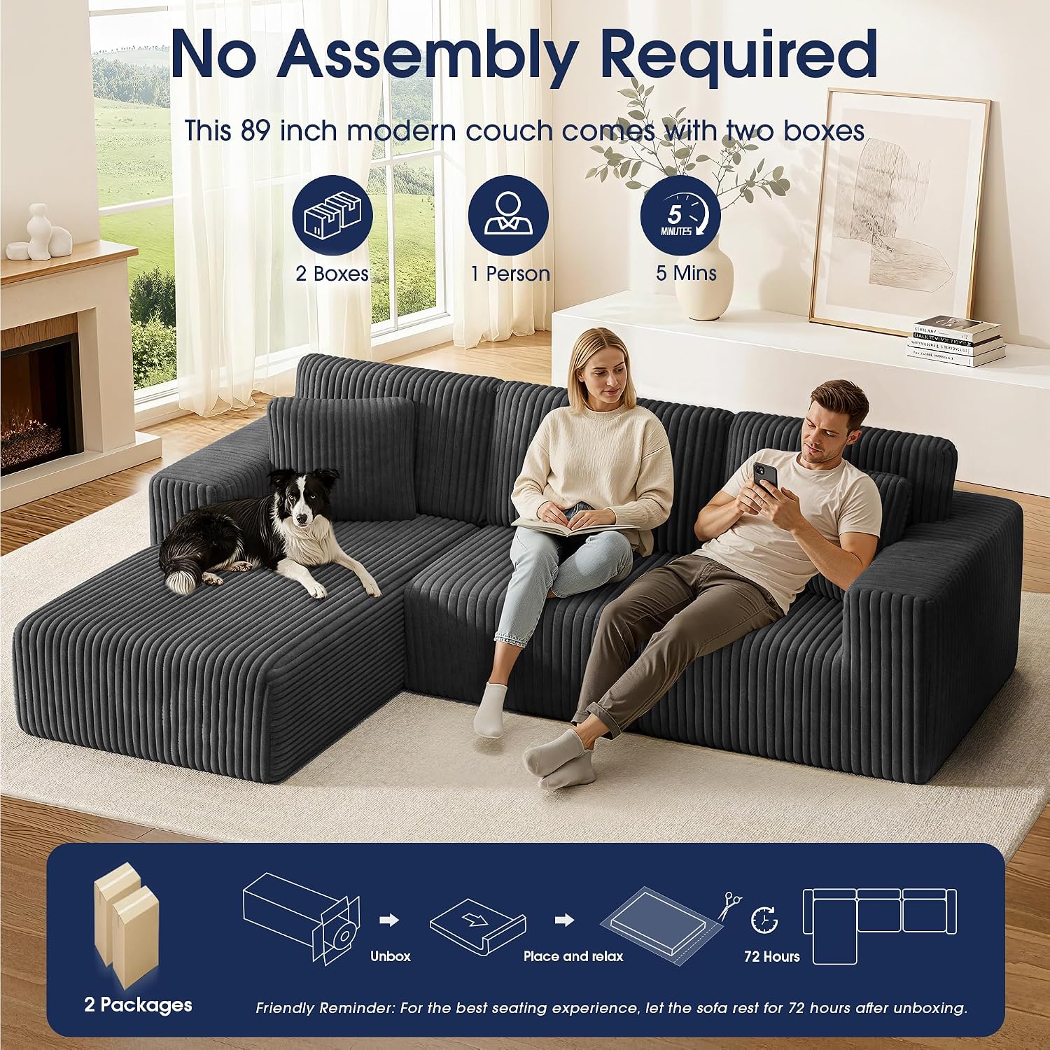 KINGYES 107'' Modular Sectional Sofa, L Shaped Cloud Couch for Living Room, Modern Plush Corduroy Boneless Sofa with Chaise for Bedroom, Gray