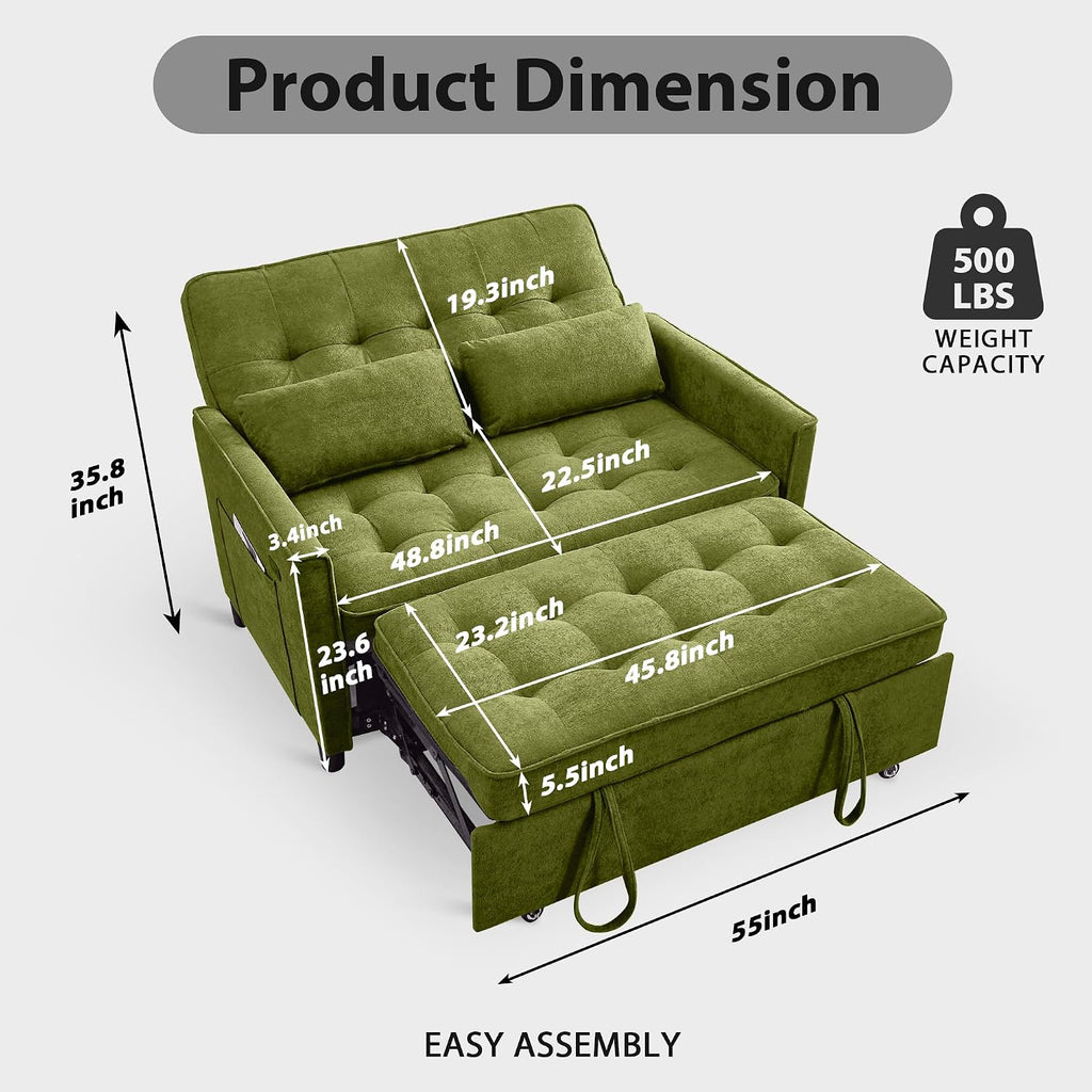 Convertible Sofa Bed, 3 in 1 Pull Out Couch, Loveseat Sleeper with Side Pocket, Living Room Sofa with Adjustable Backrest | USB Charging Port | Two Pillows | Fabric | Green Couch